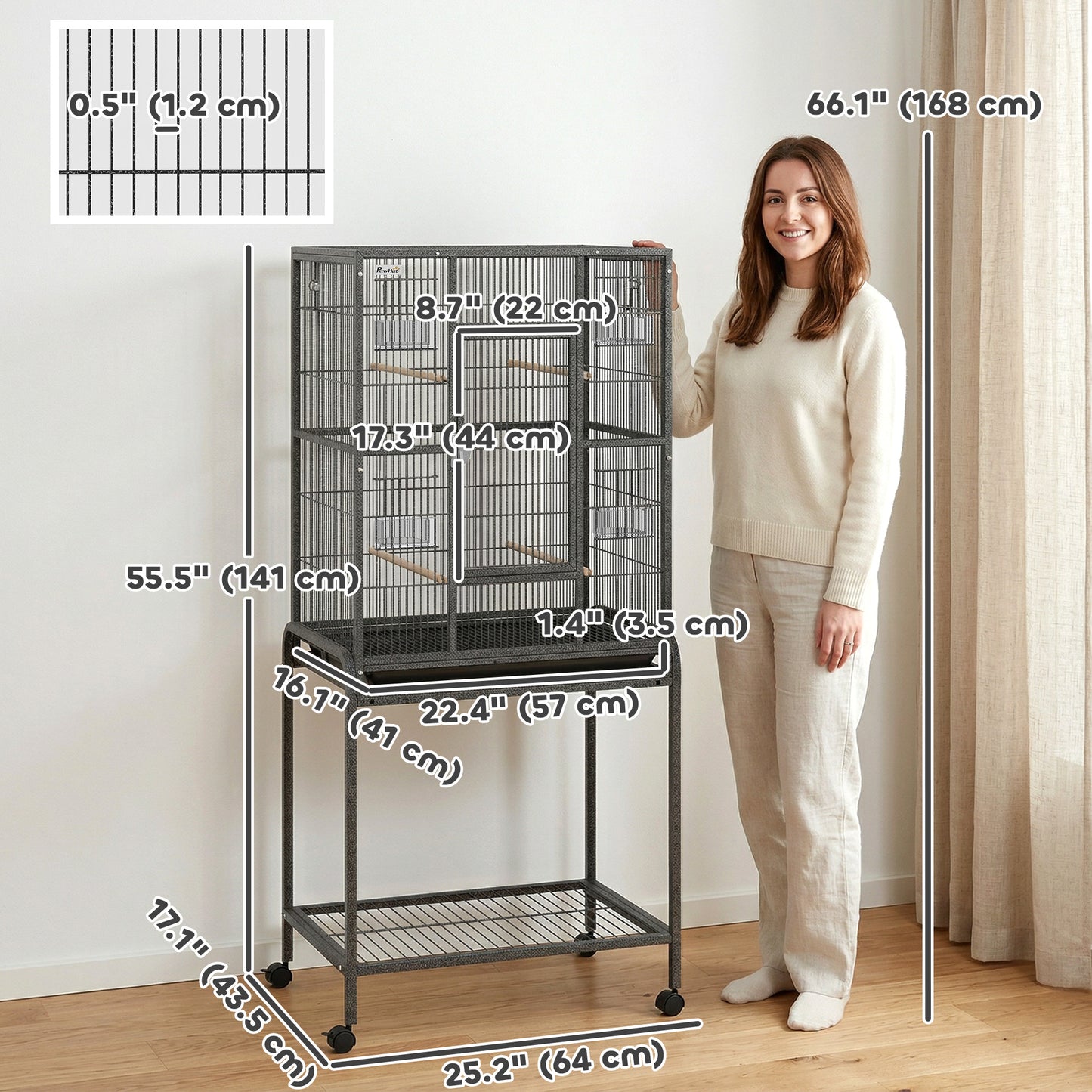 56"H Bird Cage, Parrot Cage w/ Detachable Rolling Stand, Removable Tray, Storage Shelf, Perches, Food Container
