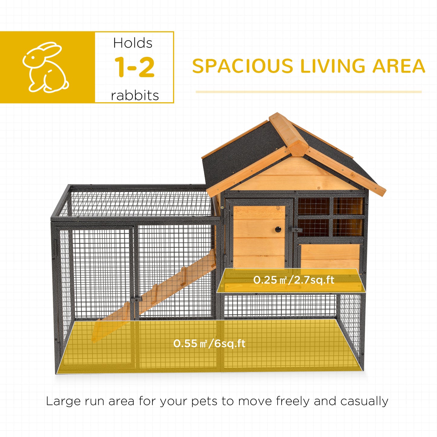 Rabbit Hutch Outdoor, 48"L Large Wooden Bunny Cage with Run, Bite-Resistant Metal Frame, Removable Plastic Tray, Asphalt Roof, Ramp, Guinea Pig Cage for 1-2 Rabbits, Yellow