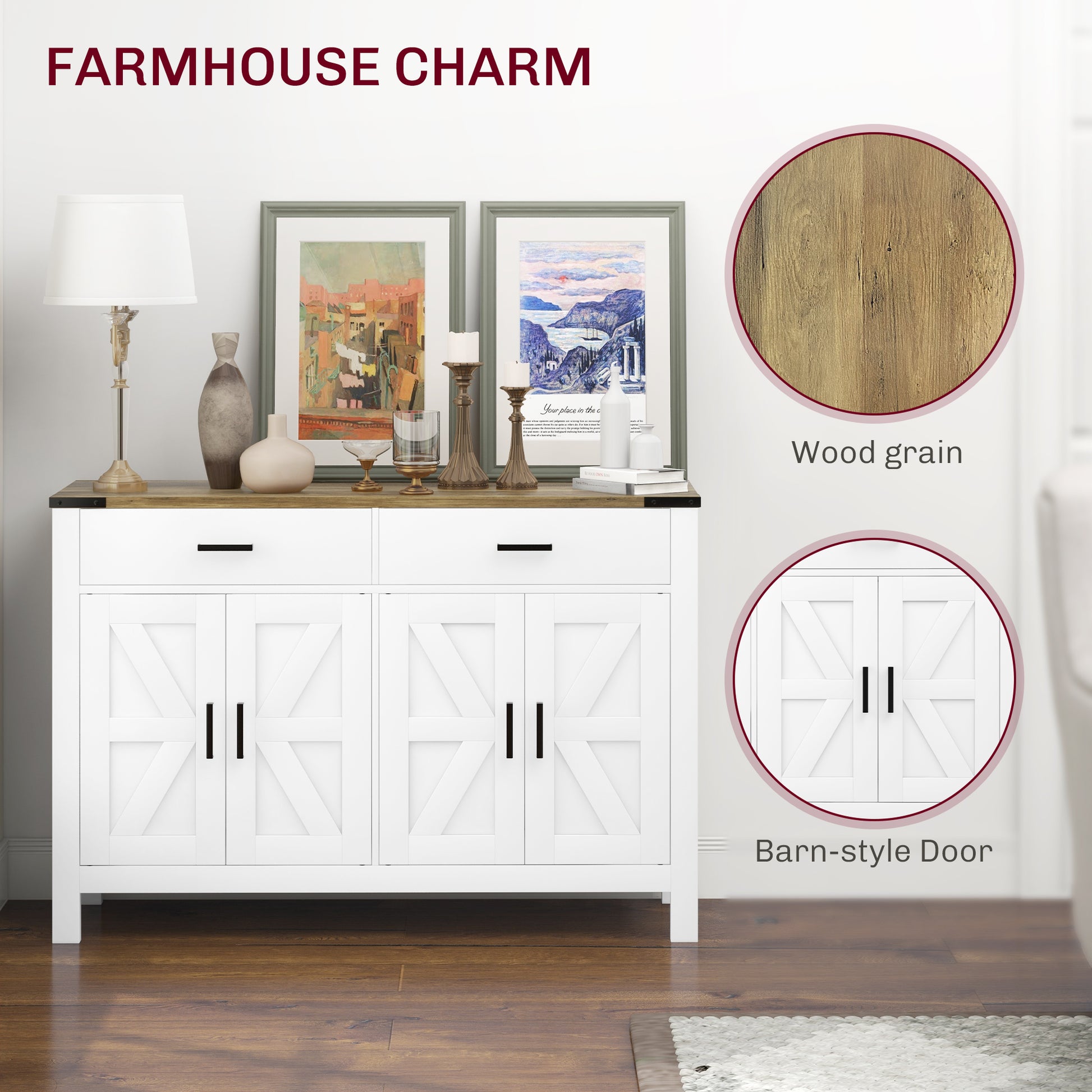 Sideboard Buffet Cabinet, Farmhouse Kitchen Storage Cabinet w/ 2 Drawers and Shelves for Living Room, Entryway
