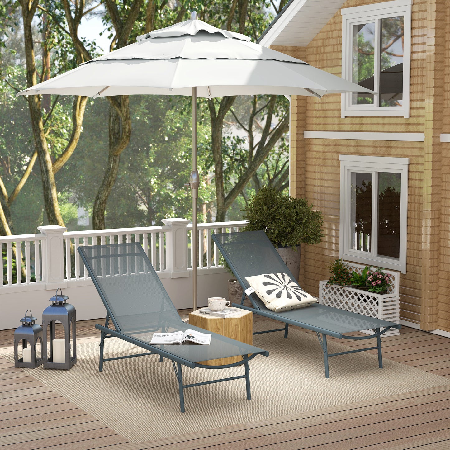 2 Pieces Folding Outdoor Lounge Chairs, Reclining Chaise Lounge Tanning Chair w/ Adjustable Back, Mesh Seat, Light Grey