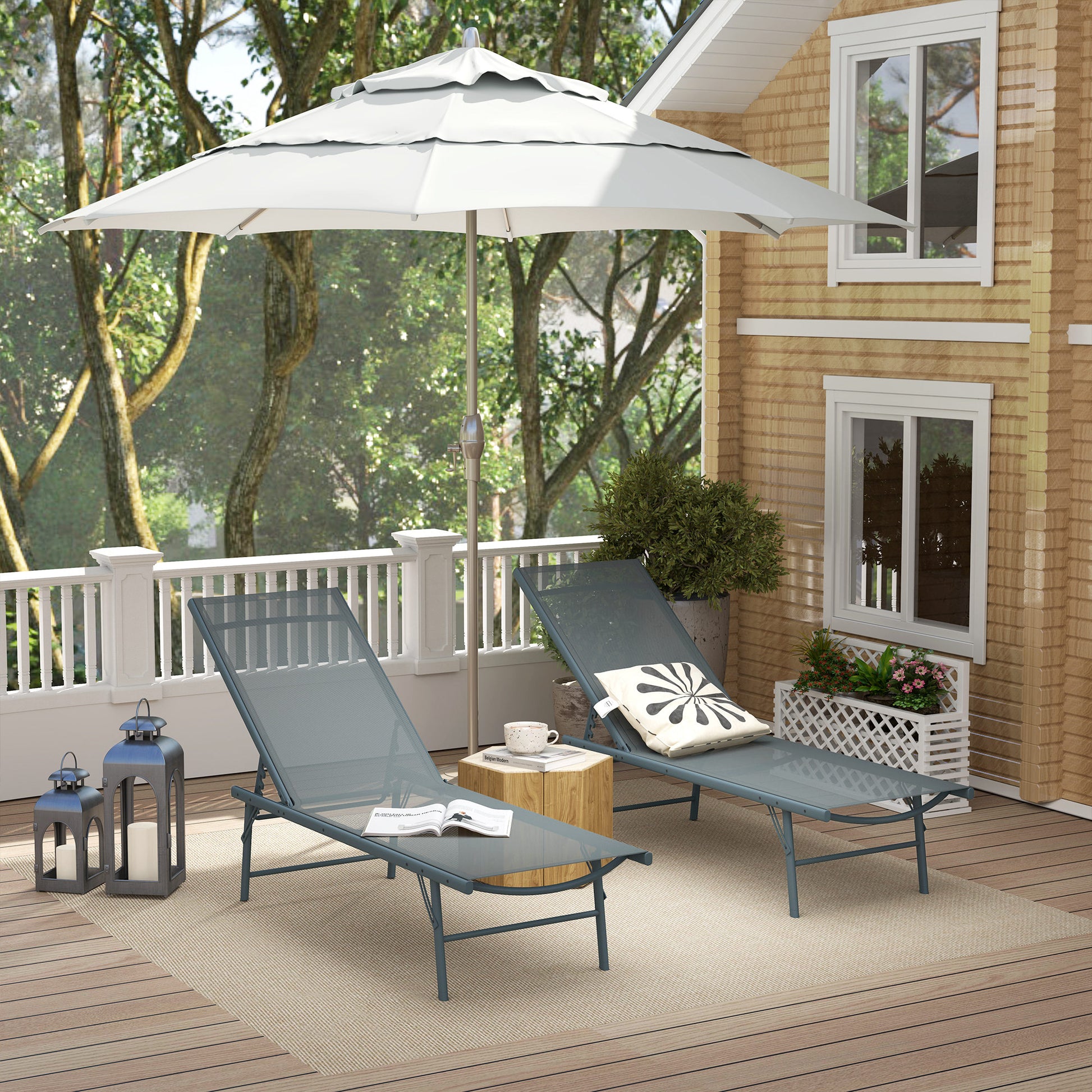 2 Pieces Folding Outdoor Lounge Chairs, Reclining Chaise Lounge Tanning Chair w/ Adjustable Back, Mesh Seat, Light Grey