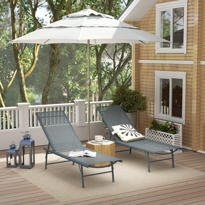 2 Pieces Folding Outdoor Lounge Chairs, Reclining Chaise Lounge Tanning Chair w/ Adjustable Back, Mesh Seat, Light Grey