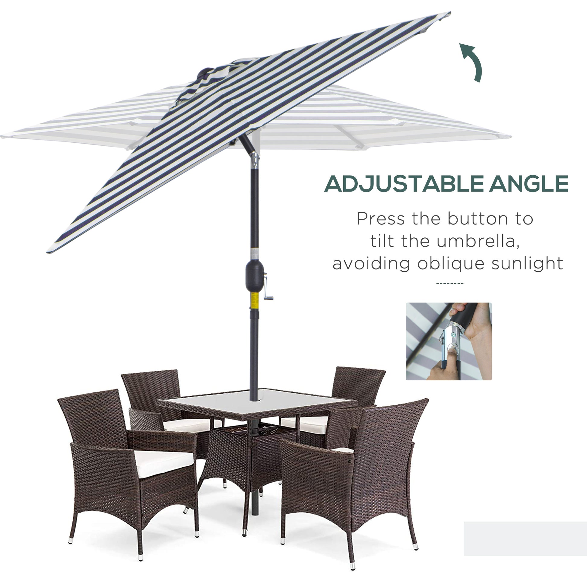 Patio Sun Umbrella, Outdoor Parasol with 6 Ribs, Blue Stripes