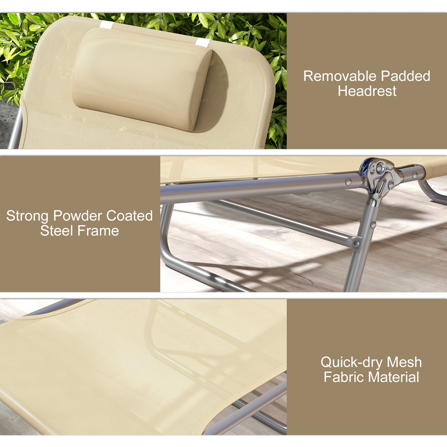 Folding Outdoor Lounge Chair Set of 2, Reclining Tanning Chair with 5-Position Adjustable Backrest, Brown
