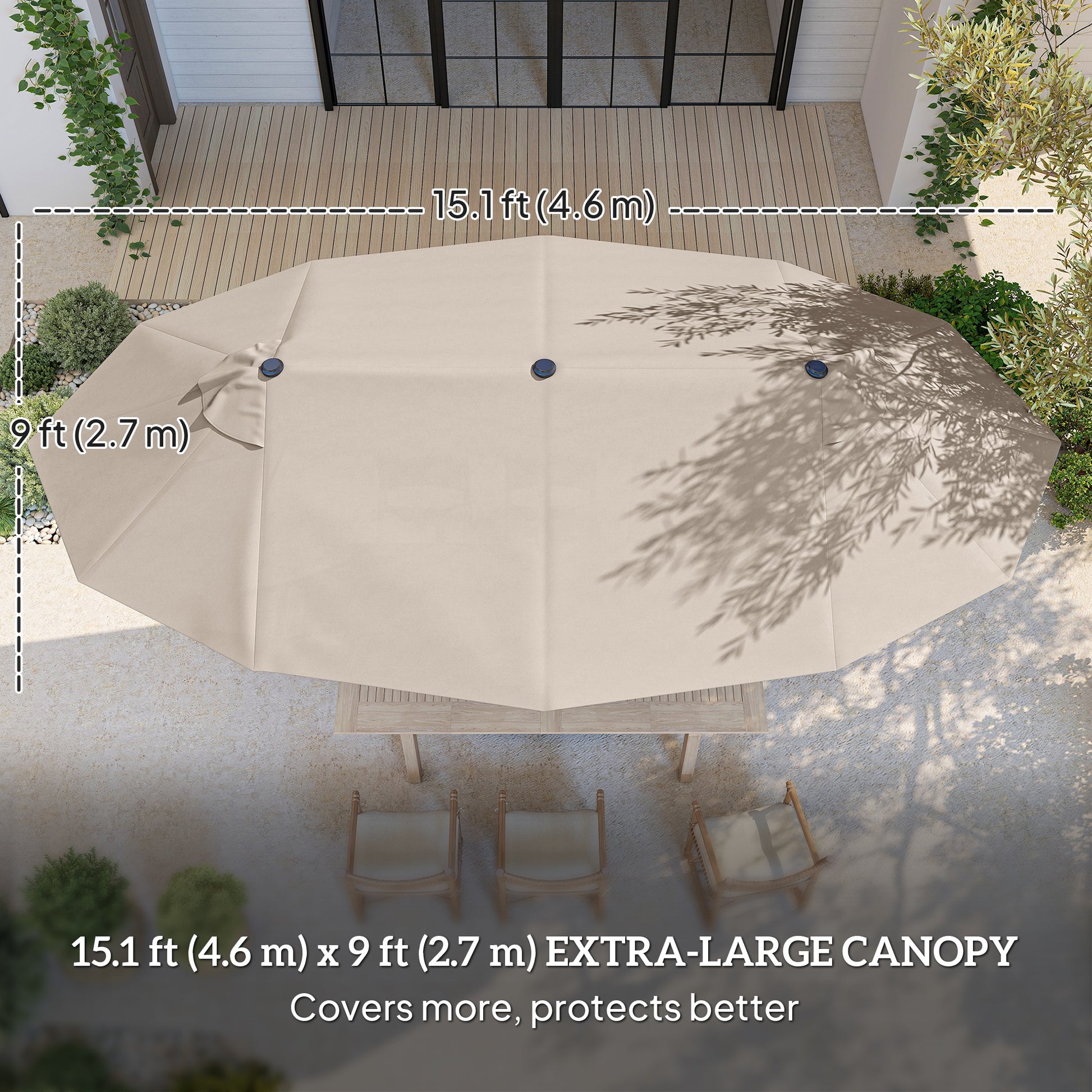 15' Outdoor Patio Umbrella with Twin Canopy Sunshade Steel Table Umbrella with Lift Crank, Cross base, Sandbag, Khaki
