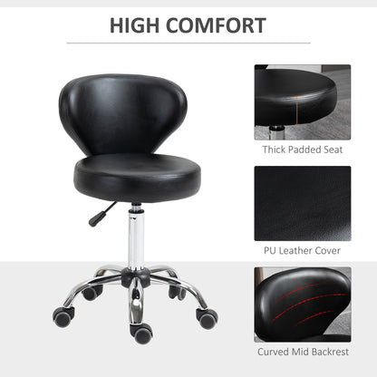 Adjustable Swivel Salon Stool with Backrest and Wheels, Office & Living Room Chair, Synthetic Leather, Black
