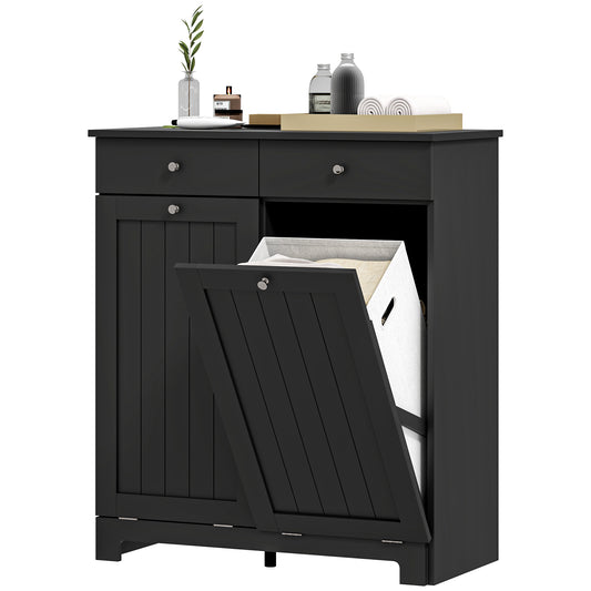 Laundry Cabinet, Tilt Out Laundry Hamper Cabinet with 2 Baskets, Bathroom Hamper Cabinet with 2 Drawers, Black