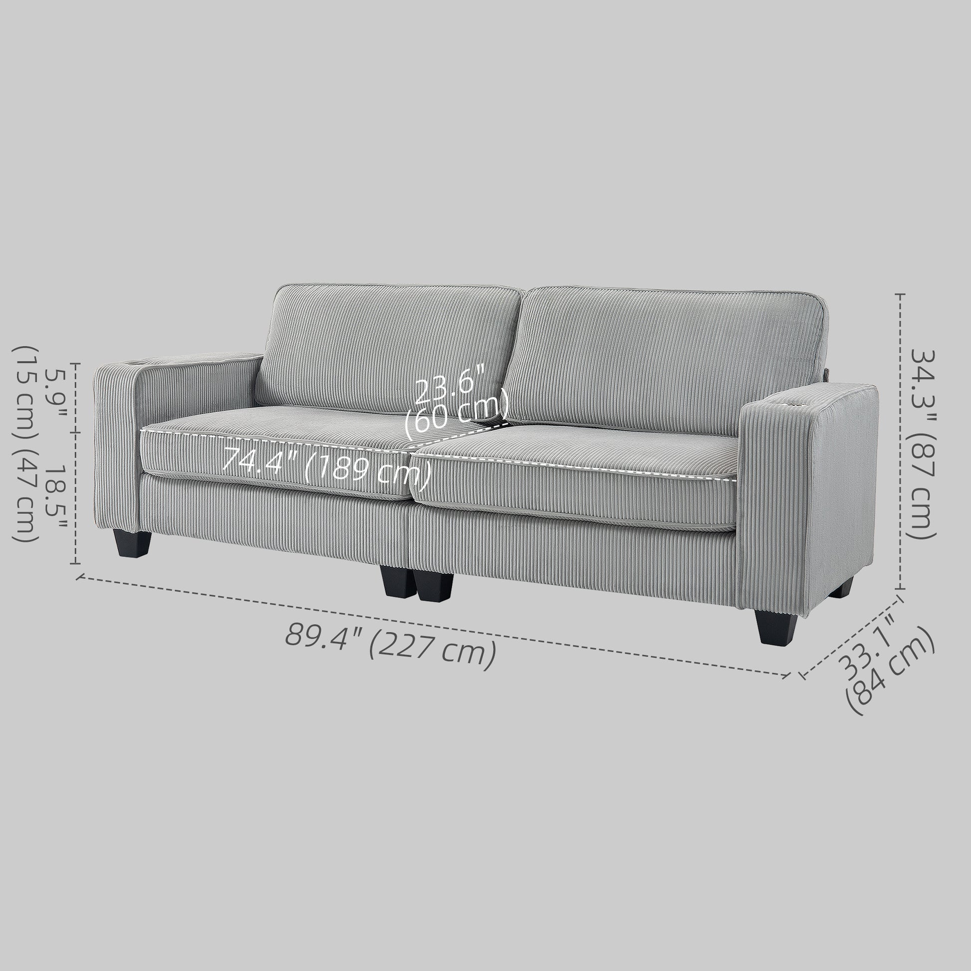Three Seater Sofa, Fabric 3 Seater Couch with Spring Cushion and Cup Holders for Living Room, Bedroom, Light Grey