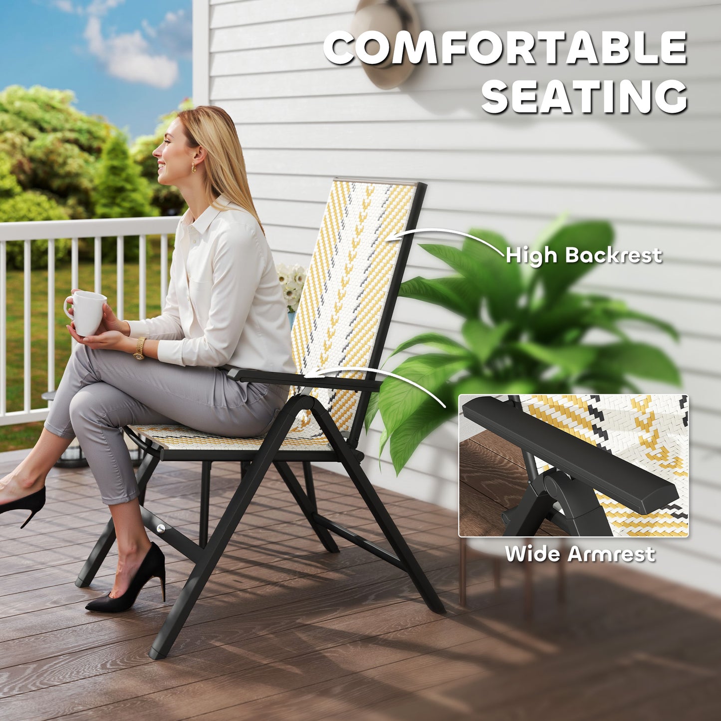Outdoor Wicker Chairs Set of 2 with 5-Position Adjustable Backrest, Armrest, Steel Frame, Orange