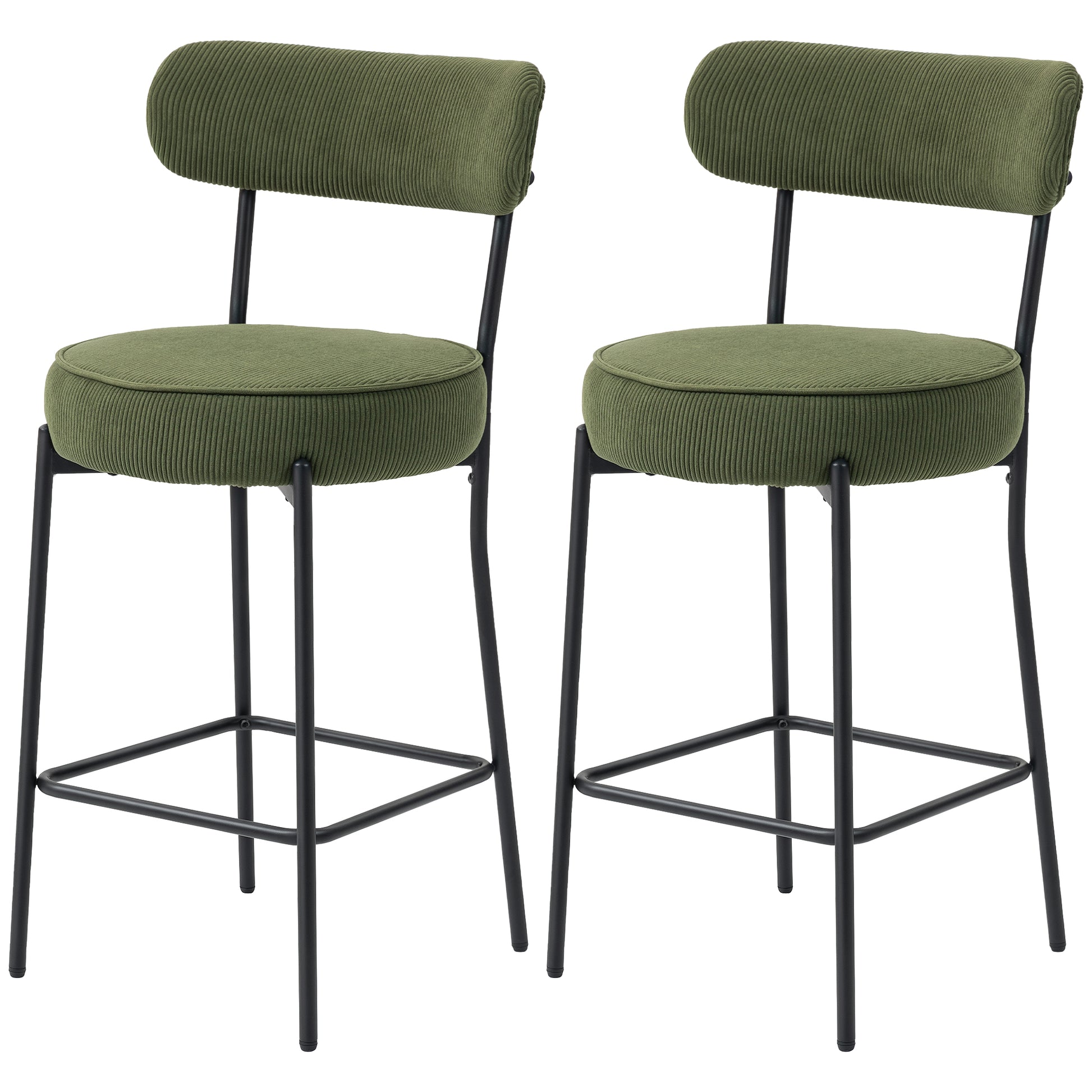 Set of 2 Barstools, Upholstered Corduroy Bar Stools with Backrest, Footrest for Kitchen Island, Dining Room, Green
