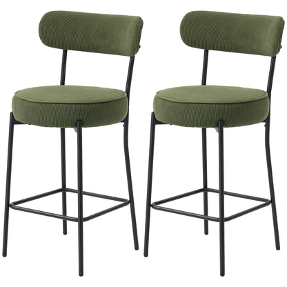 Set of 2 Barstools, Upholstered Corduroy Bar Stools with Backrest, Footrest for Kitchen Island, Dining Room, Green
