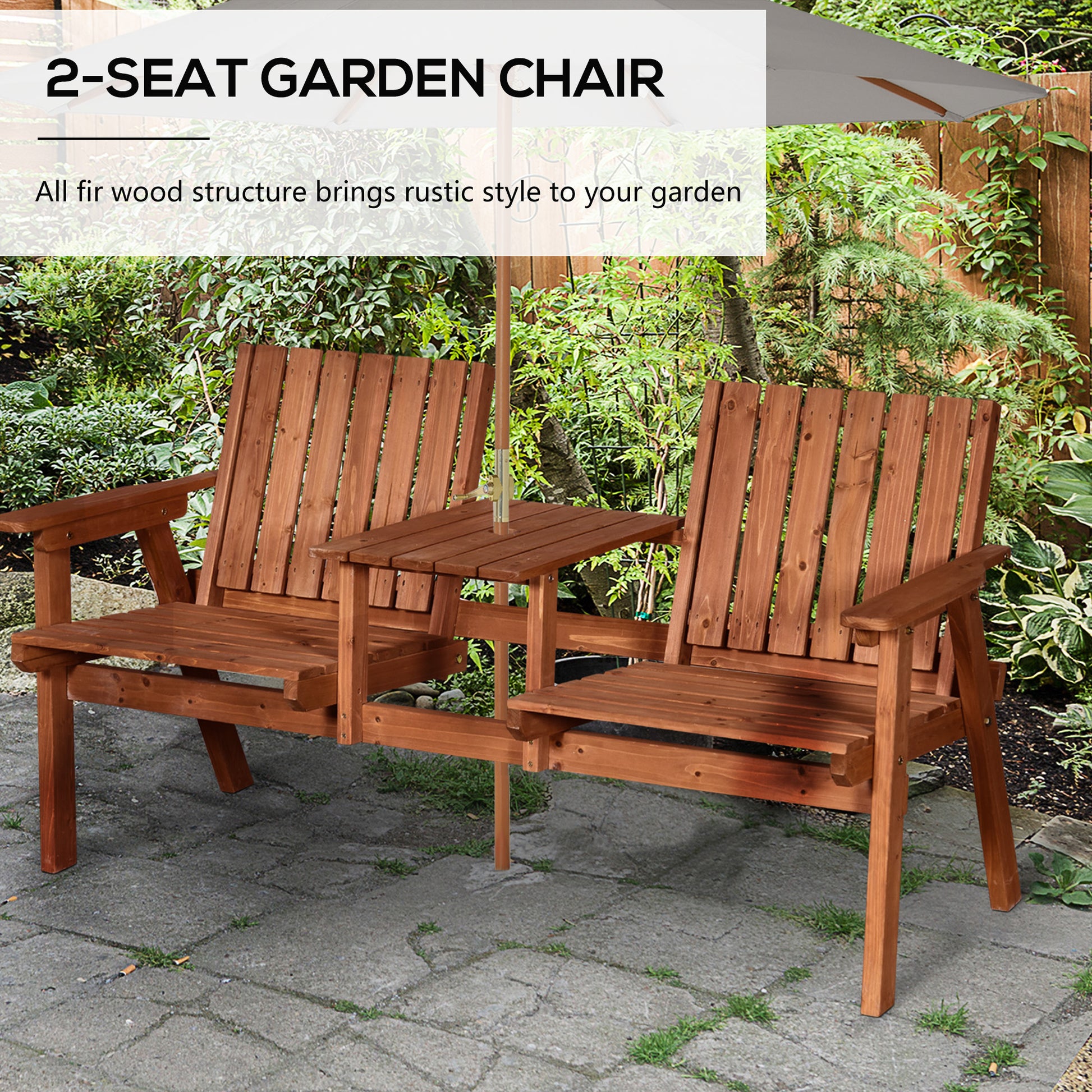 Garden Bench for 2 Persons with Middle Table and Umbrella Hole, 2-Seater Outdoor Wooden Bench with Slat Design, Orange