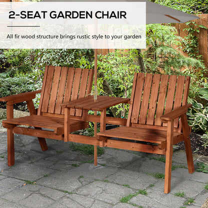 Garden Bench for 2 Persons with Middle Table and Umbrella Hole, 2-Seater Outdoor Wooden Bench with Slat Design, Orange