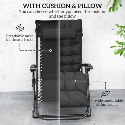 Folding Garden Chairs Set of 2, Reclining Zero Gravity Chair, Sun Lounger with Cushion and Headrest, Black