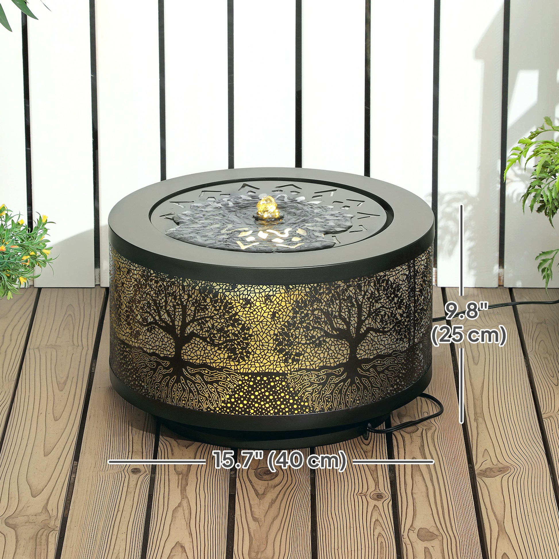 Outdoor Water Fountain with LED Lights, 10" Tall Garden Waterfall Fountain Feature with Adjustable Flow, Black