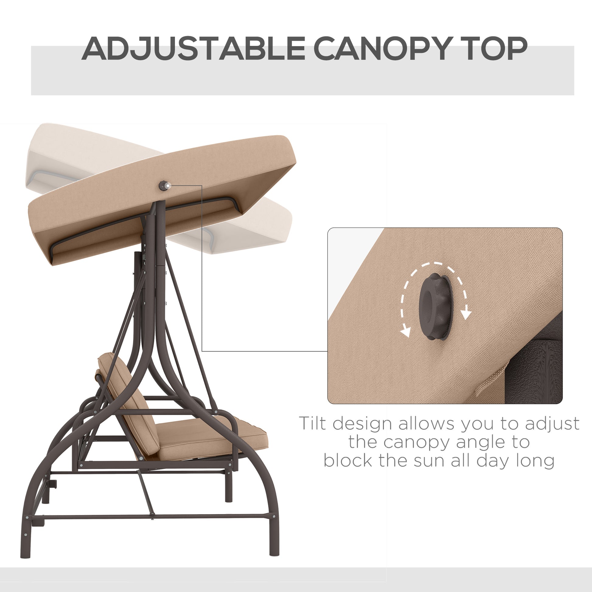 Convertible Patio Swing Bed with Canopy and Cushions, 3 Seater Porch Swing for Outdoor, Backyard, Garden, Khaki