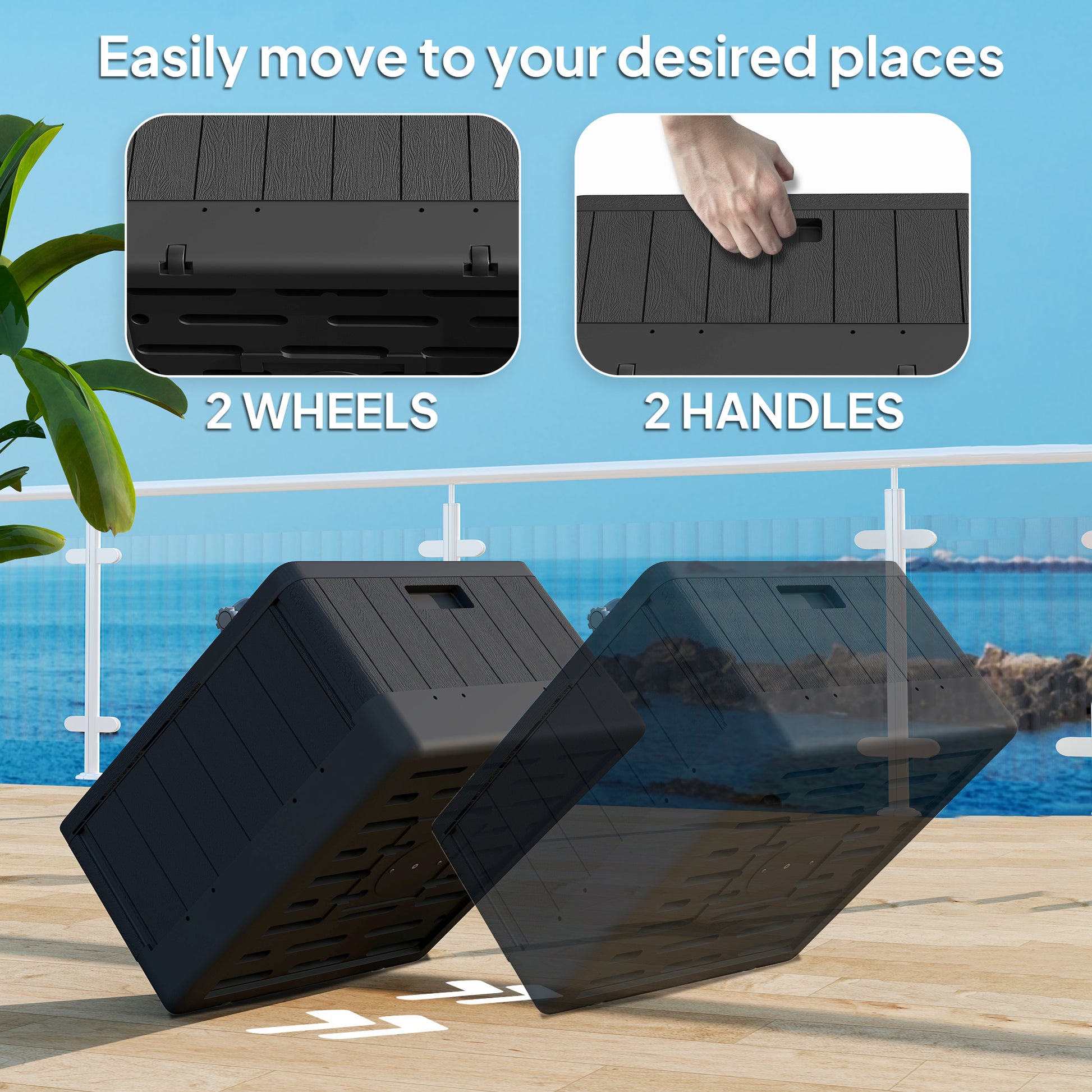 3-in-1 Patio Umbrella Base, Coffee End Table, Flower Box Planter with Wheels Handles, Square Plastic 176lb Stand/110lb Water Fillable Outdoor Garden Umbrella Stand, Black