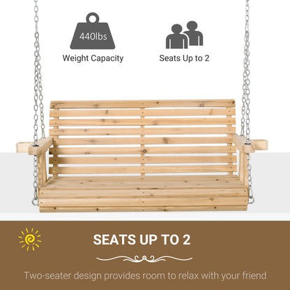 2 Seater Porch Swing Wooden Patio Swing Chair Seat with Cup Holder and Chains Outdoor Swing Bench for Garden Yard, Natural