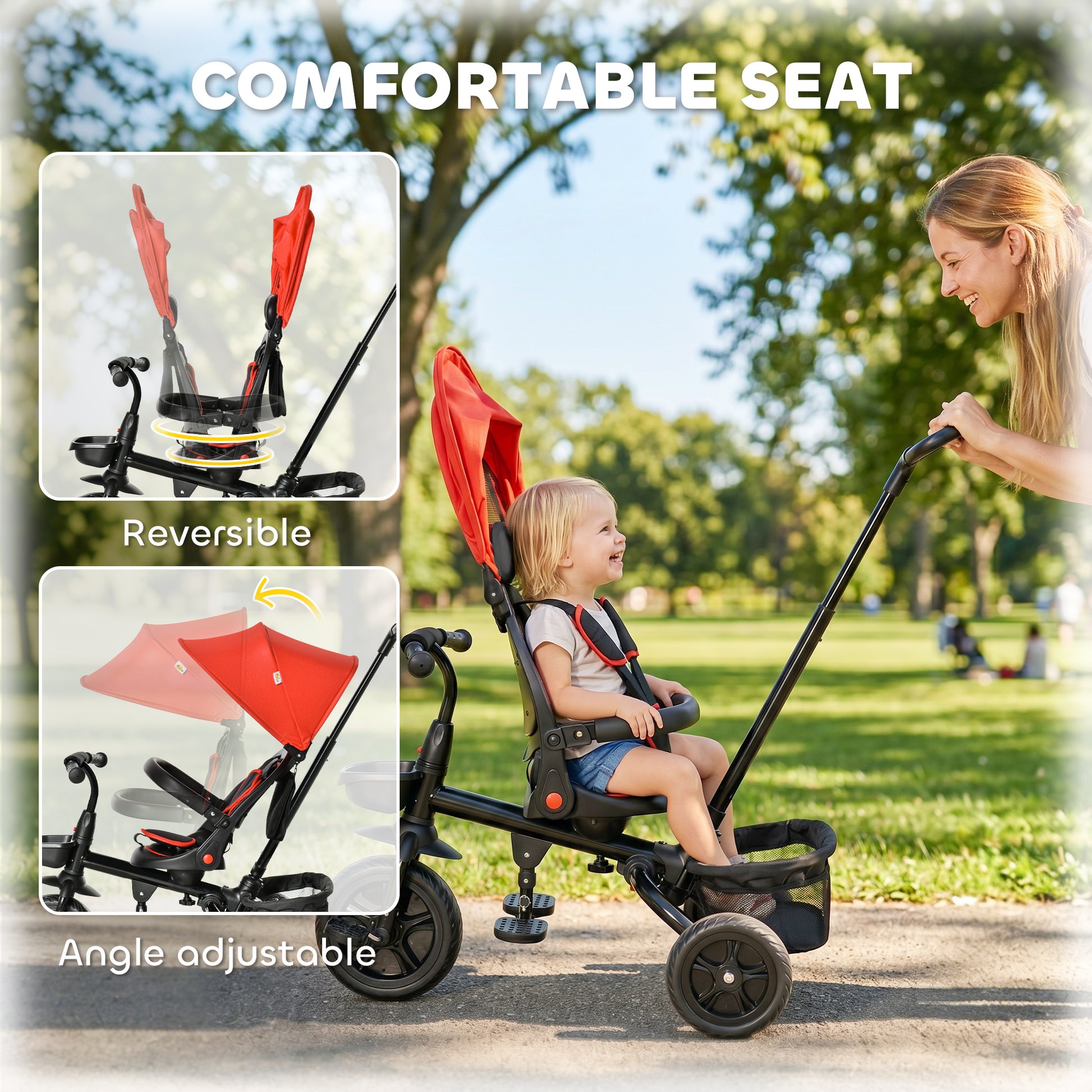 Qaba Tricycle for Toddler 4 in 1 Kids Trike, Foldable Converts Stroller to Toddler Bike, Adjustable Backrest & Curved Canopy, Detachable Guardrail & Handle for 1-5 Years Old, Red