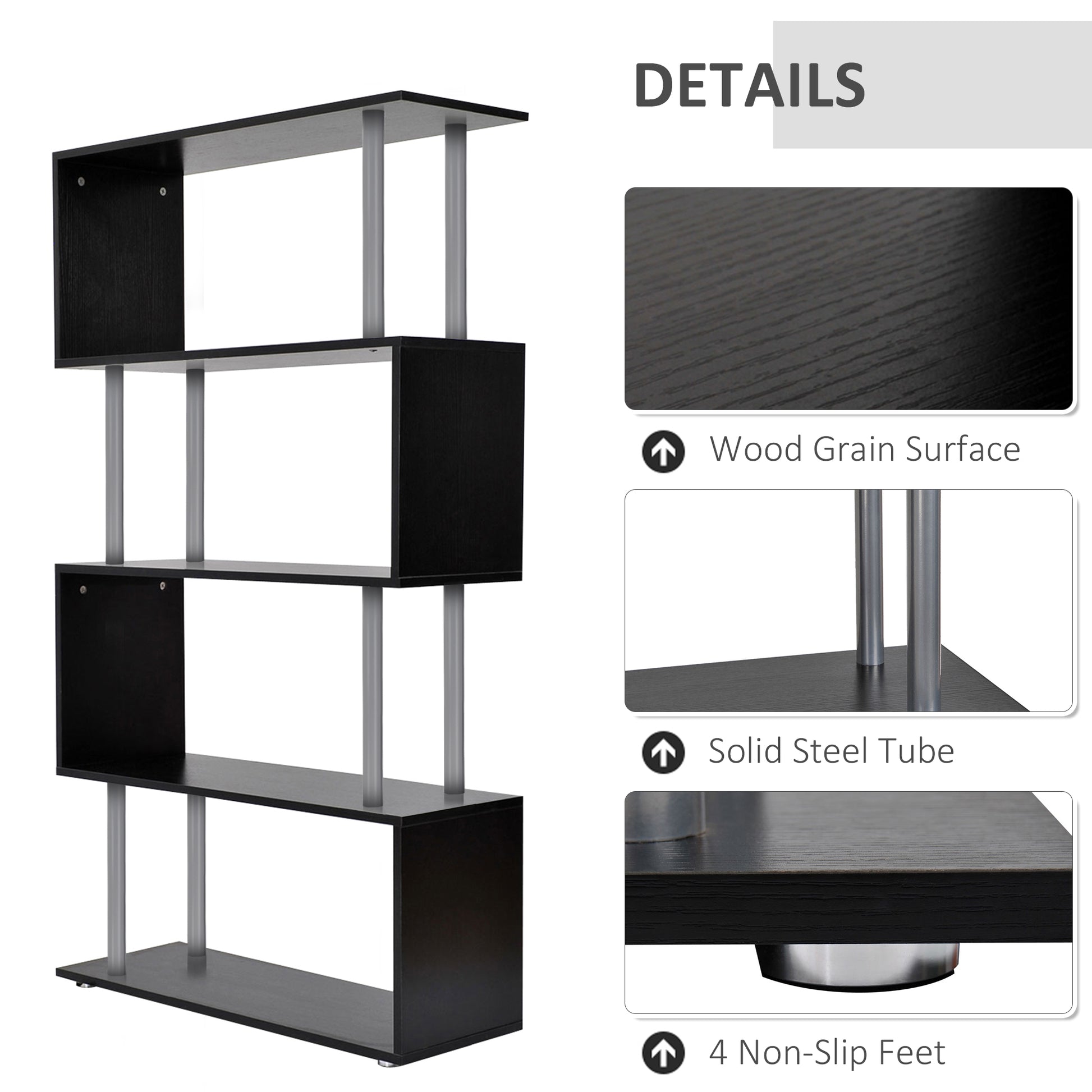 5-Tiers Geometric Wooden Bookcase S-Shaped Storage Bookshelf Display with Metal Frame for Living Room, Bedroom, Home Office, Black