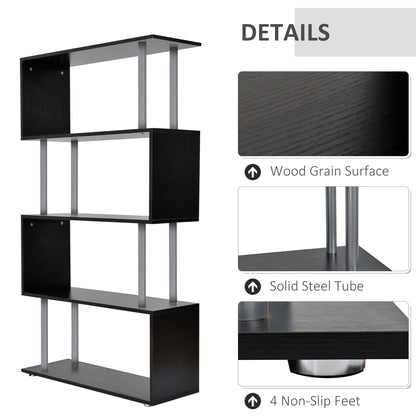 5-Tiers Geometric Wooden Bookcase S-Shaped Storage Bookshelf Display with Metal Frame for Living Room, Bedroom, Home Office, Black