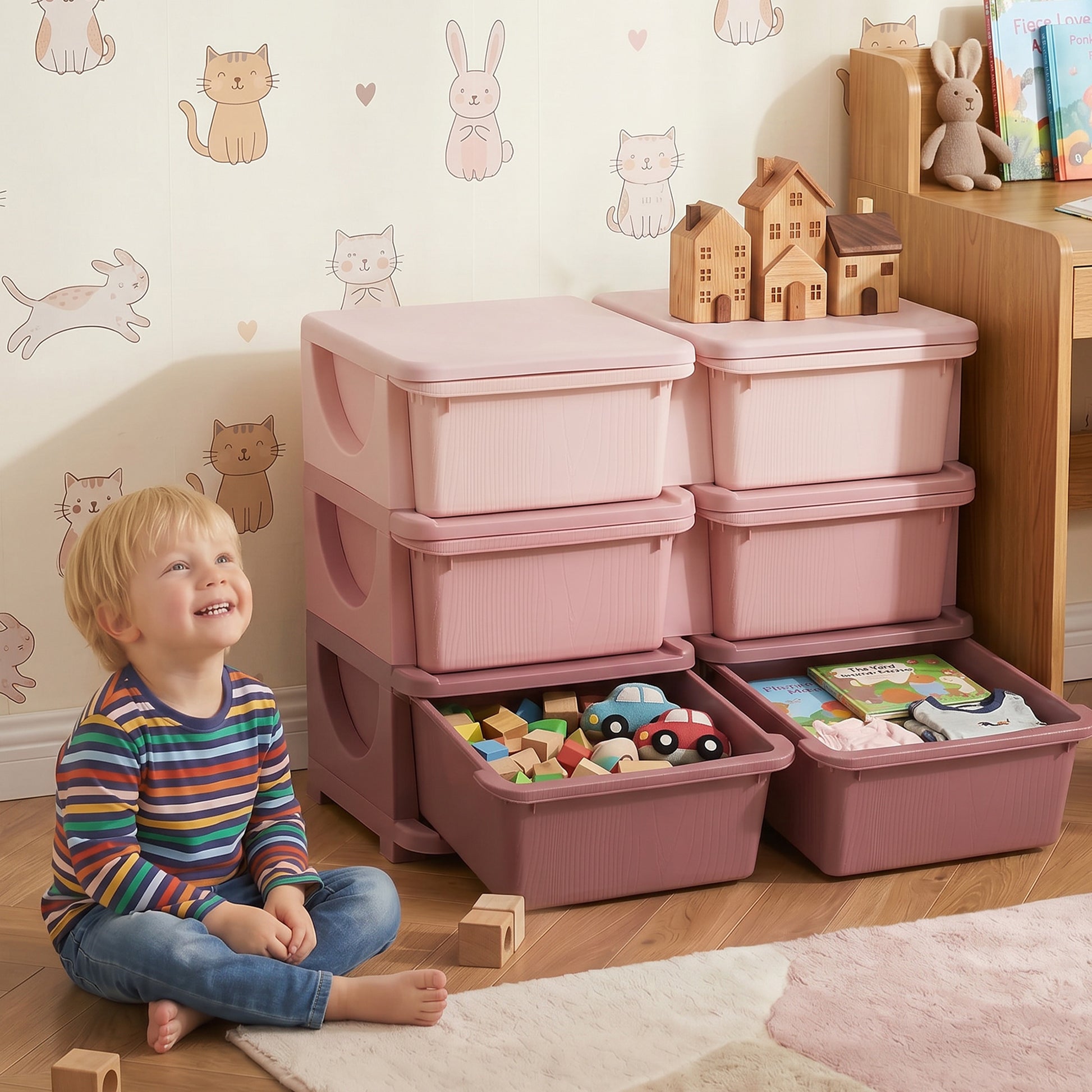 Qaba 3 Tier Kids Toy Organizer and Storage Bins with 6 Plastic Drawers, Pink