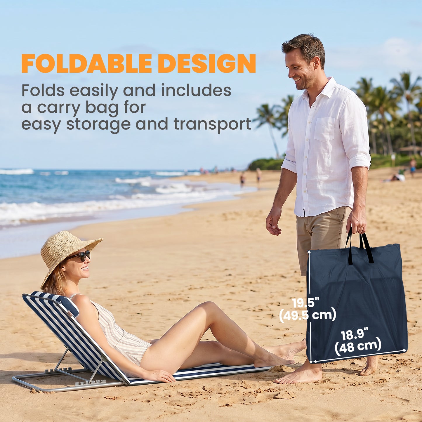 2 Pieces Beach Lounge Chair, Outdoor Folding Chaise Lounge Set w/ Pillow for Sunbath, Snap, Blue and White
