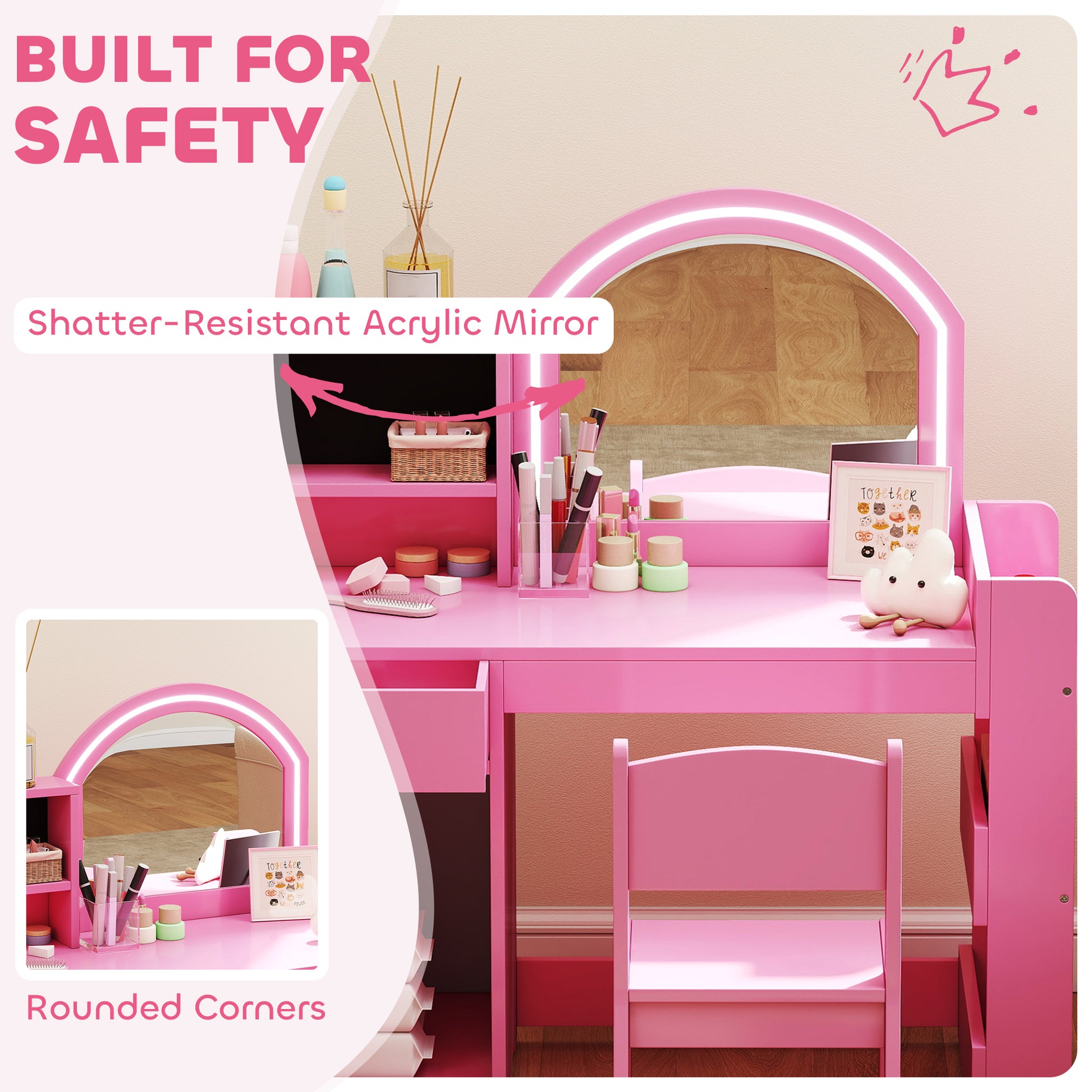 Qaba Kids Vanity Set, Toddler Dressing Table and Chair Set with Lighted Mirror, Cabinet, Drawer and Shelves, Pink