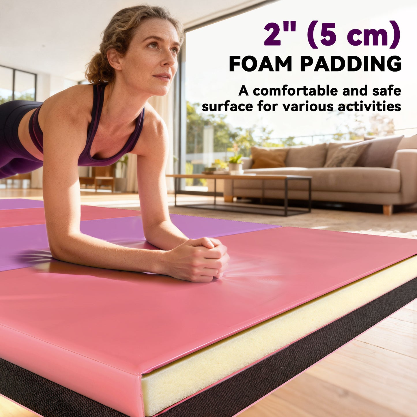 Soozier 4'x6'x2'' Folding Gymnastics Tumbling Mat, Exercise Mat with Carrying Handles for Yoga, MMA, Martial Arts, Stretching, Core Workouts, Pink and Purple