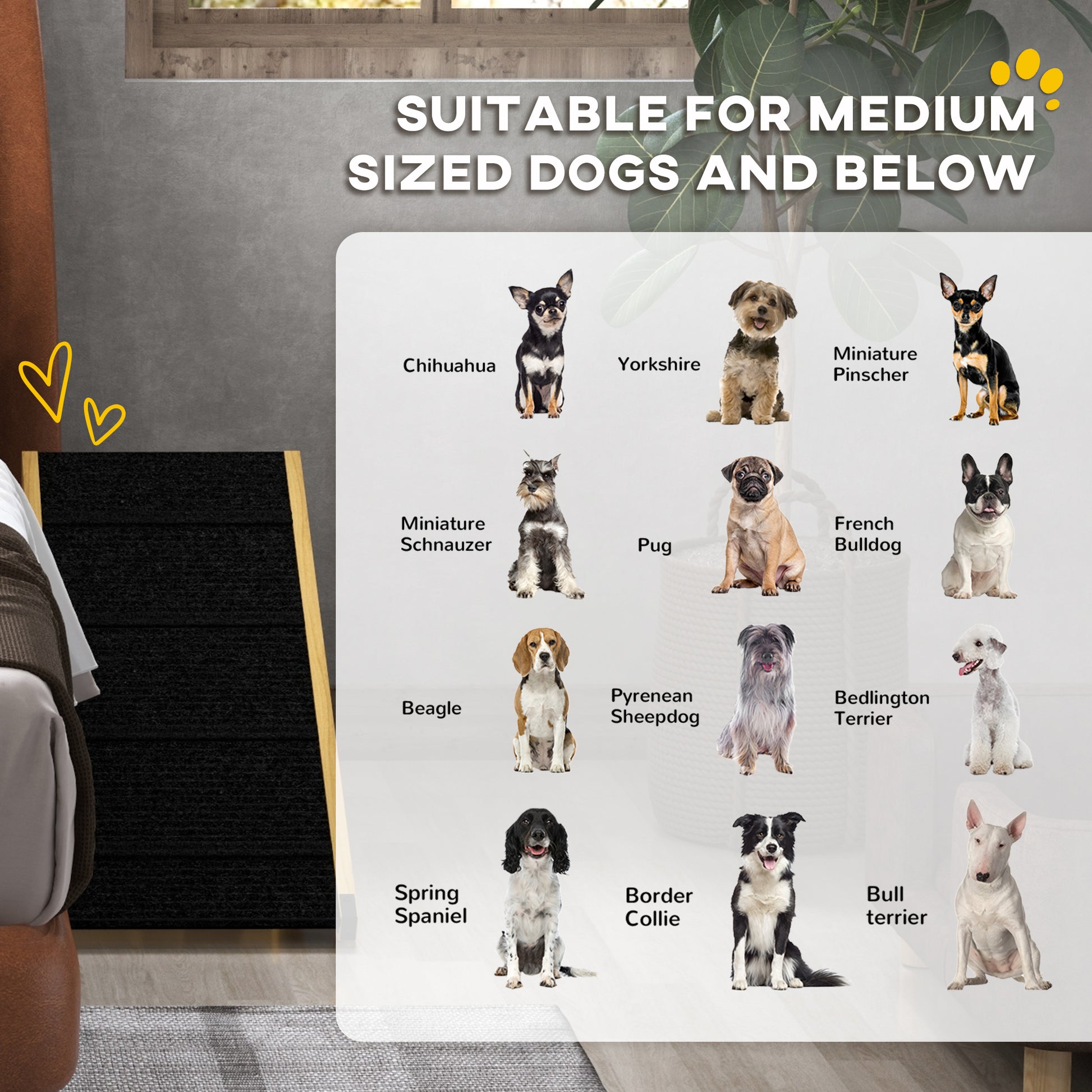33" Foldable Dog Ramp with 4-Level Adjustable Height for Bed, Couch, for Small and Medium Dogs, Natural Wood