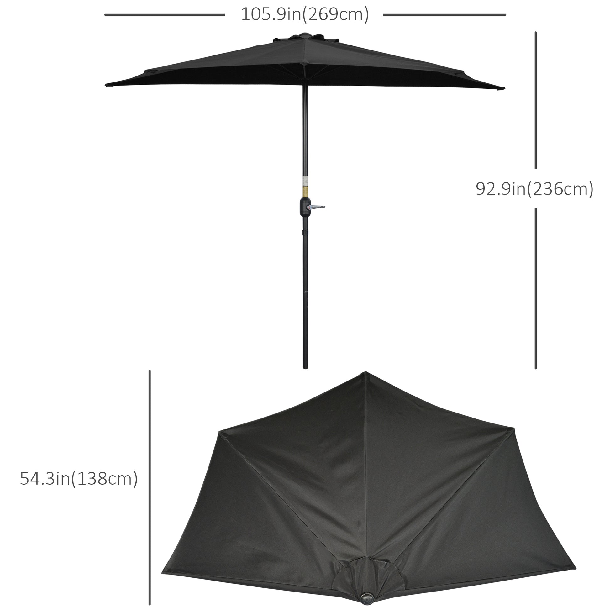 9ft Half Round Umbrella Outdoor Patio Garden Balcony Parasol Window Sun Shade w/ 5 Ribs Black