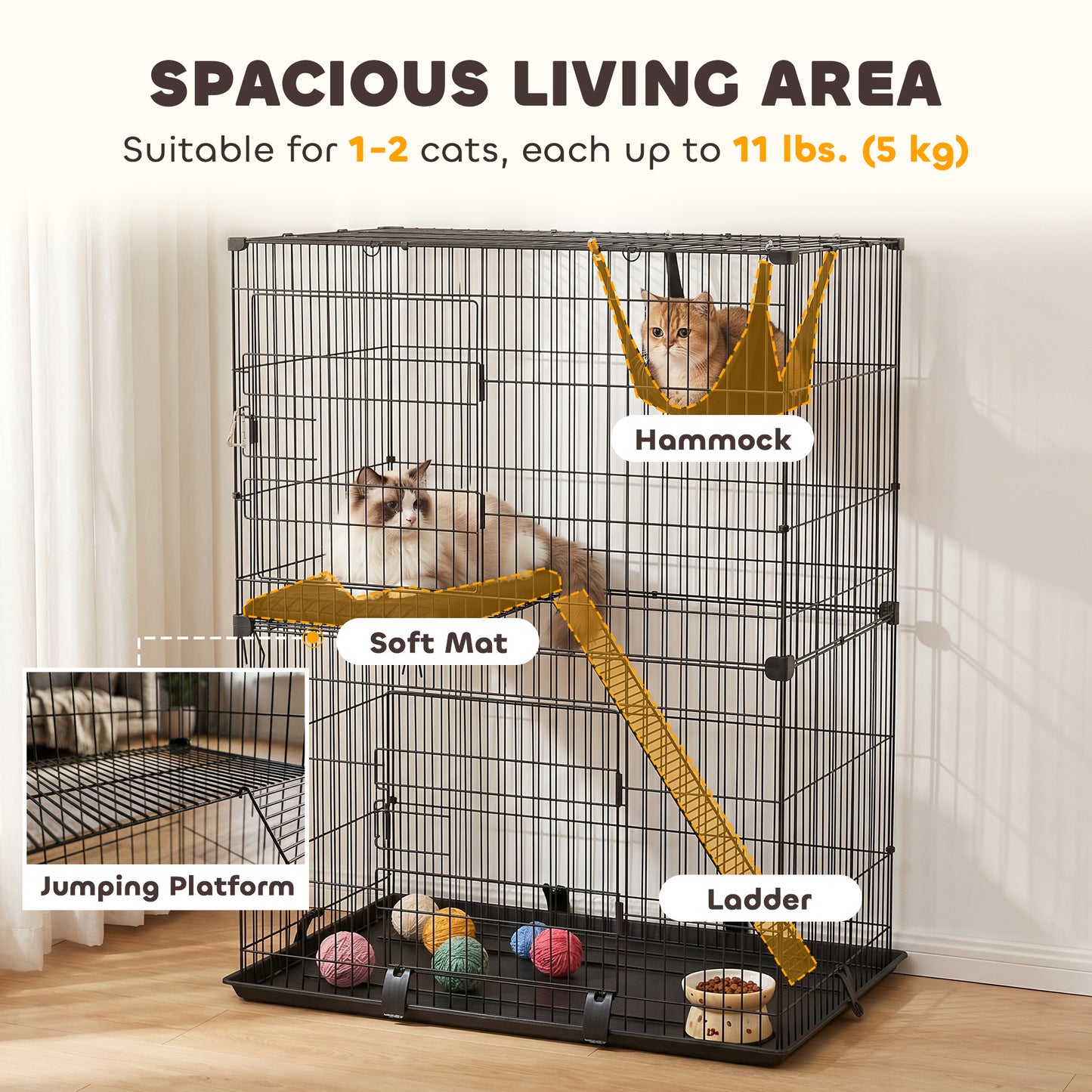 2-Tier Cat Cage Indoor, Detachable Metal Wire Kennel with Hammock, Platform, Tray and Cushion for 1-2 Kittens