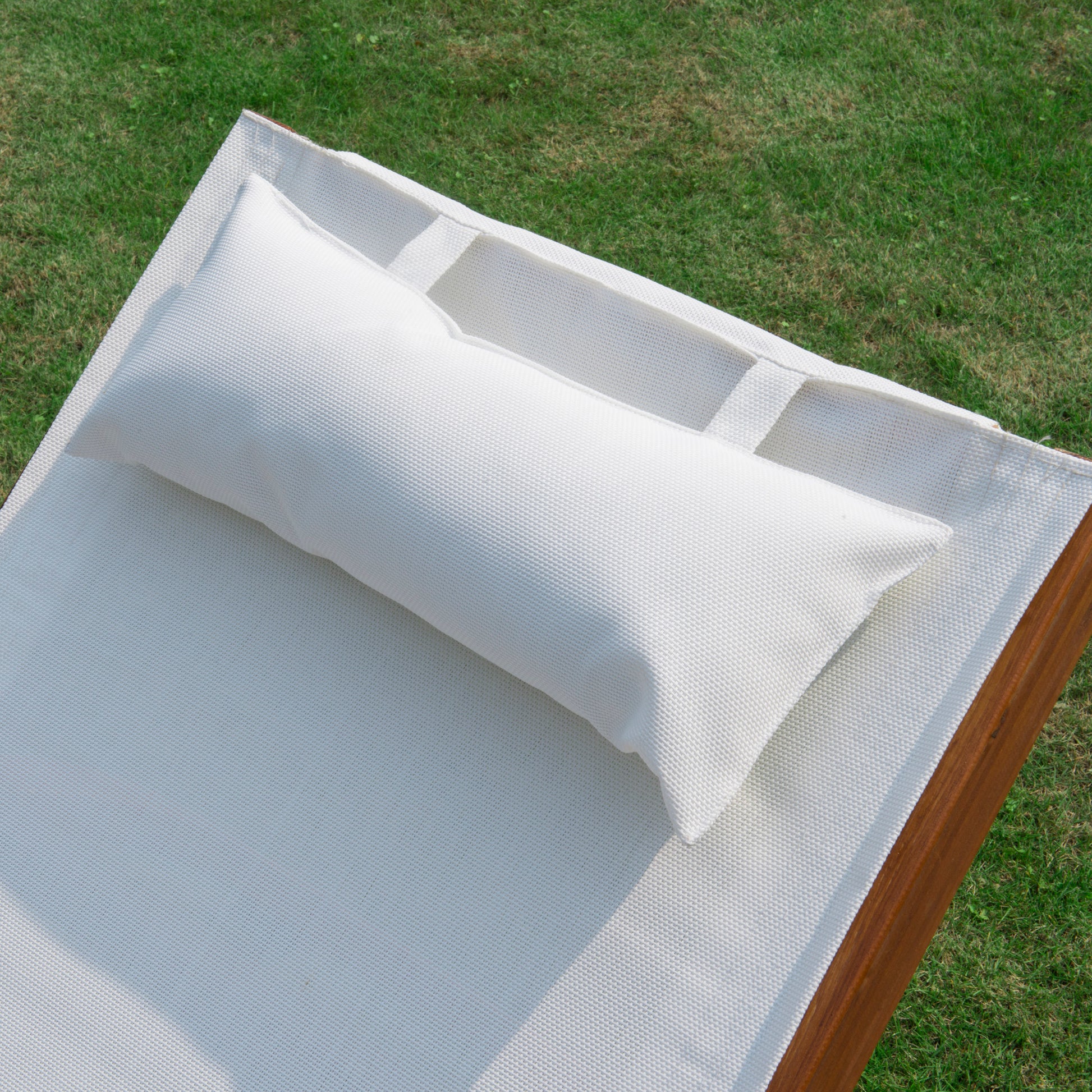 Outdoor Wood Sling Chaise Lounge Reclining Garden Mesh Lounger Patio Chair with Headrest Cream
