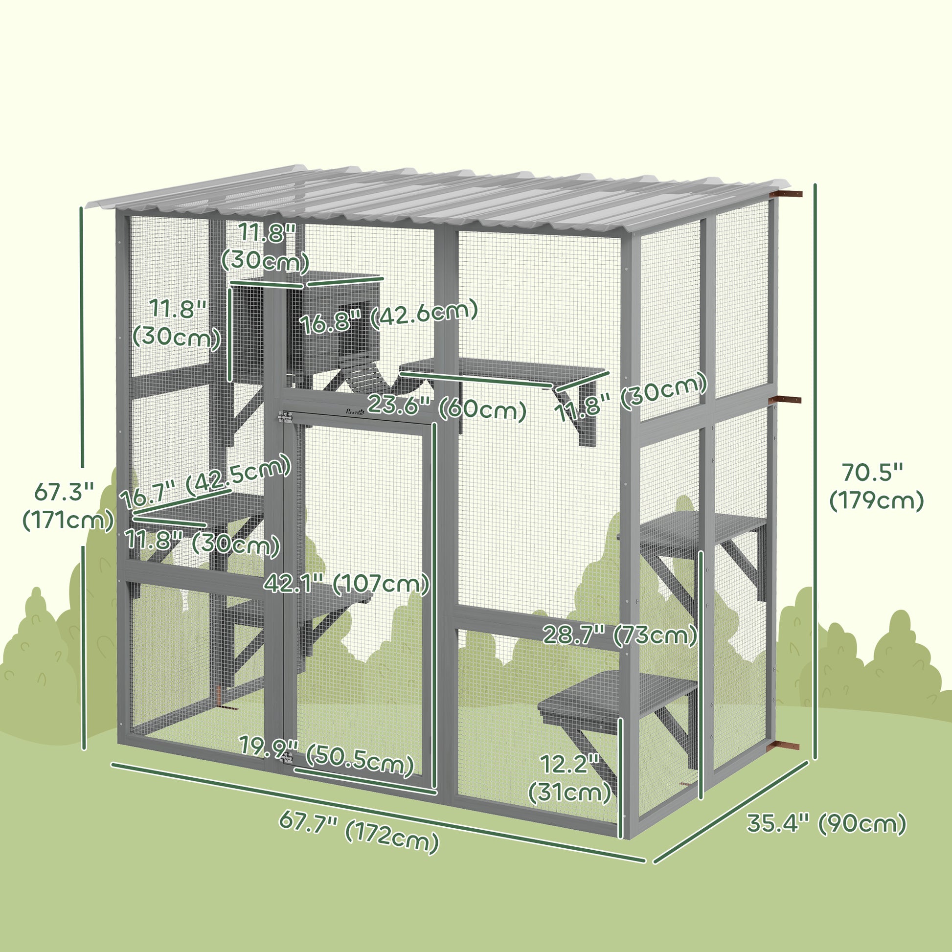 Large Outdoor Catio with Weatherproof Roof, Bridge, Resting Box, Platforms, Grey