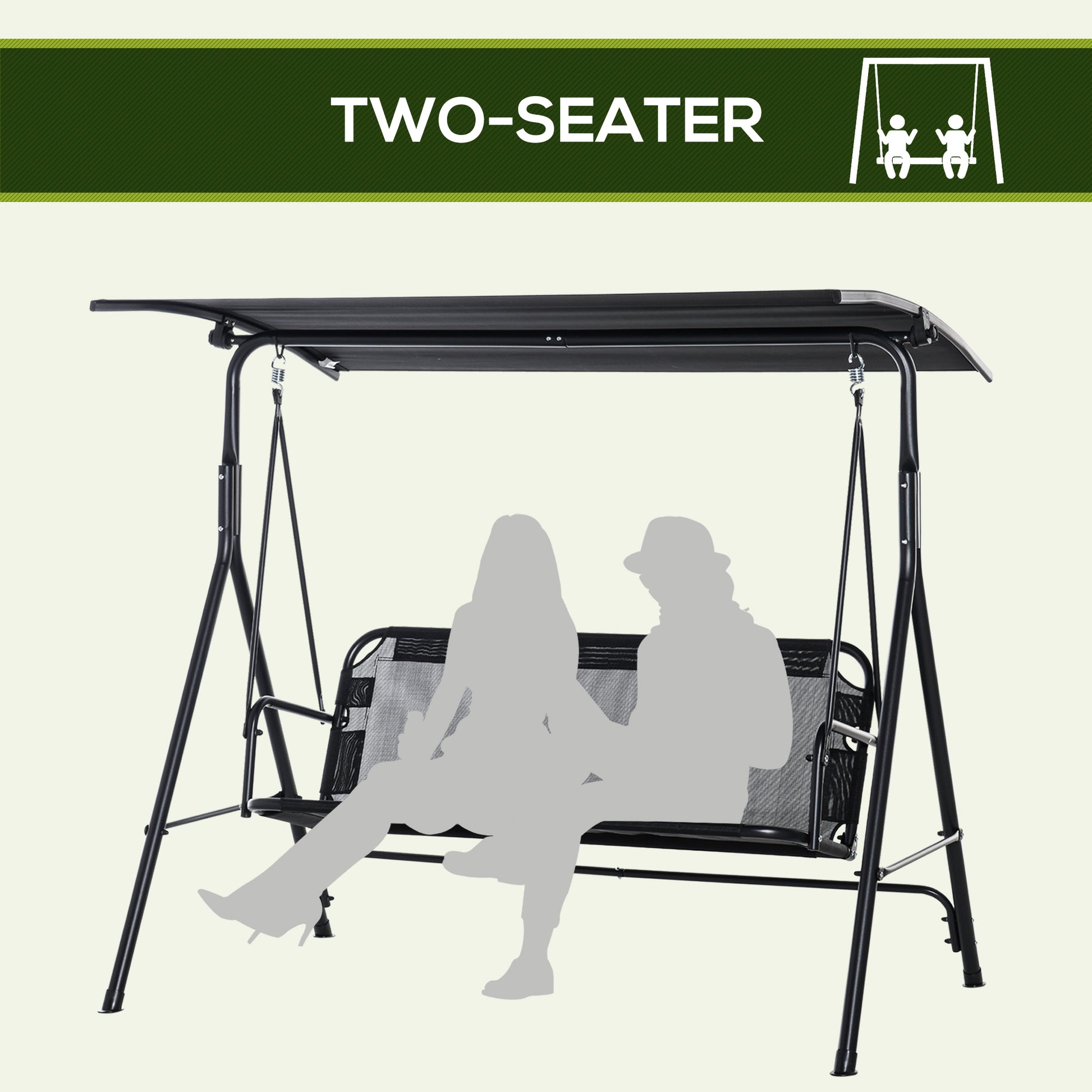 2-Person Porch Swing Chair, 2 Seater Patio Swing Bench w/ Adjustable Canopy, Breathable Seat for Garden, Poolside, Black