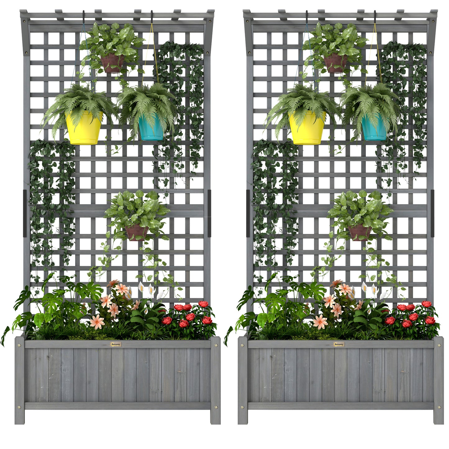 Wood Planter with Trellis for Vine Climbing, Raised Garden Bed, Privacy Screen for Backyard, Patio, Deck, Dark Grey