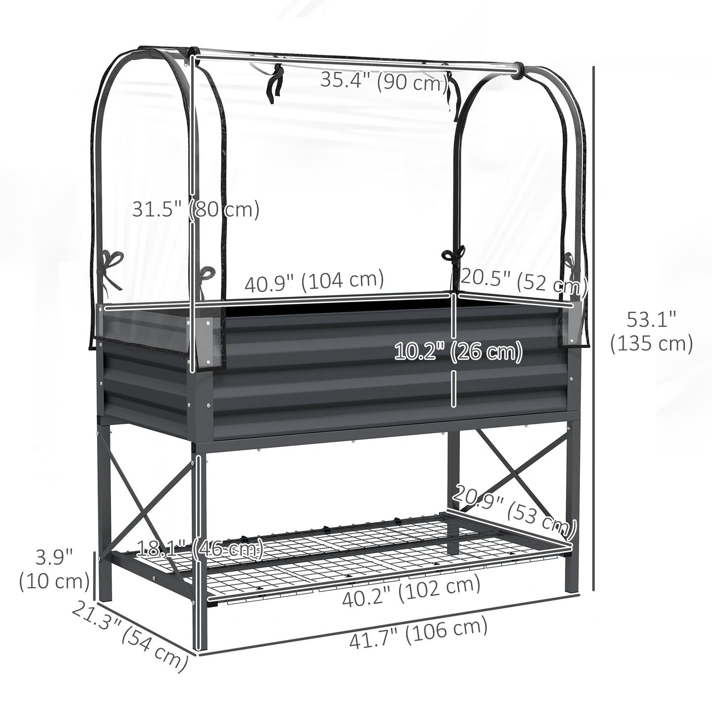 Raised Garden Bed with Cover, Metal Elevated Planter Box with Bottom Shelf and Liner, Dark Grey