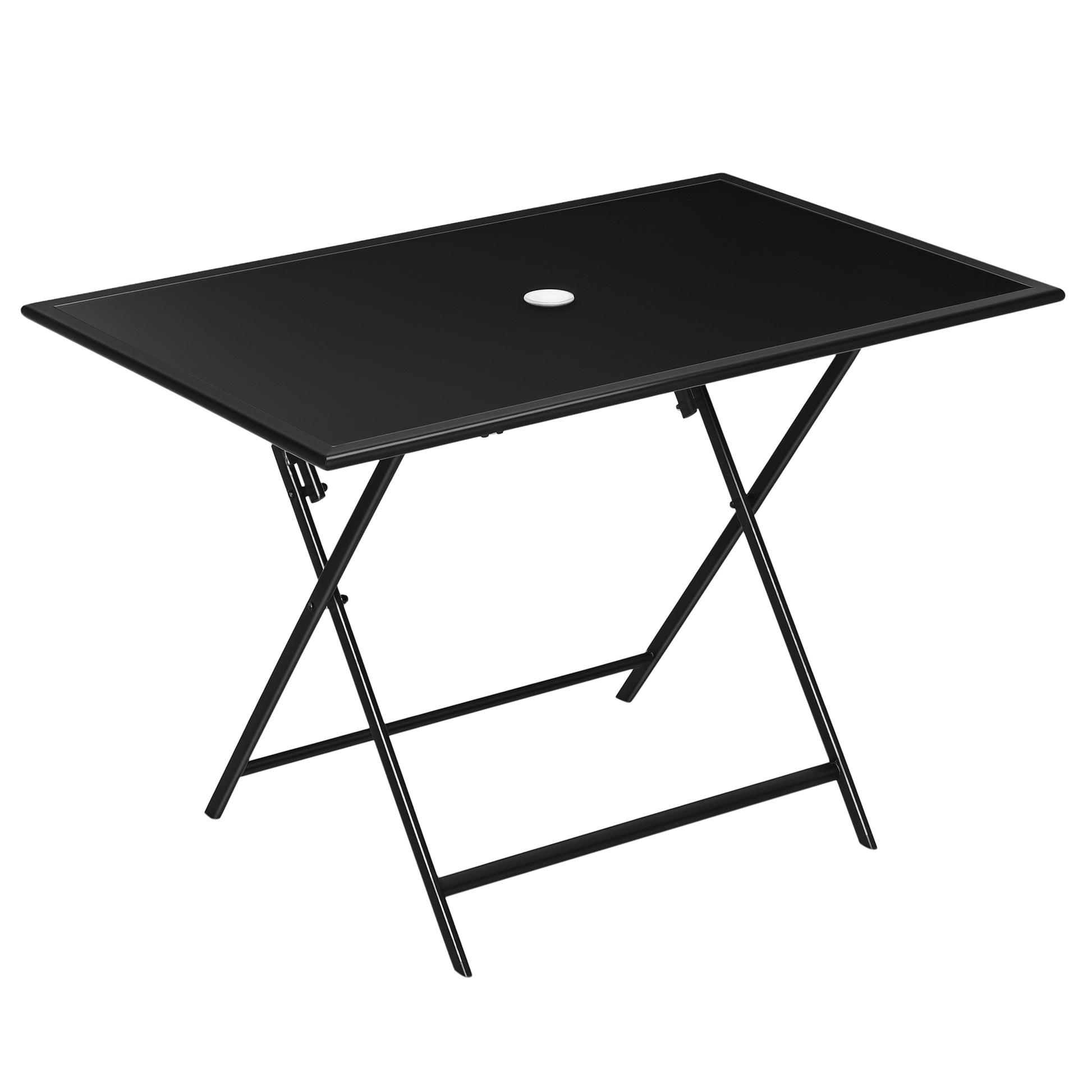 Foldable Outdoor Dining Table with Umbrella Hole, Patio Table for 6 with Glass Top Table, Metal Frame for Garden Lawn Backyard, Black