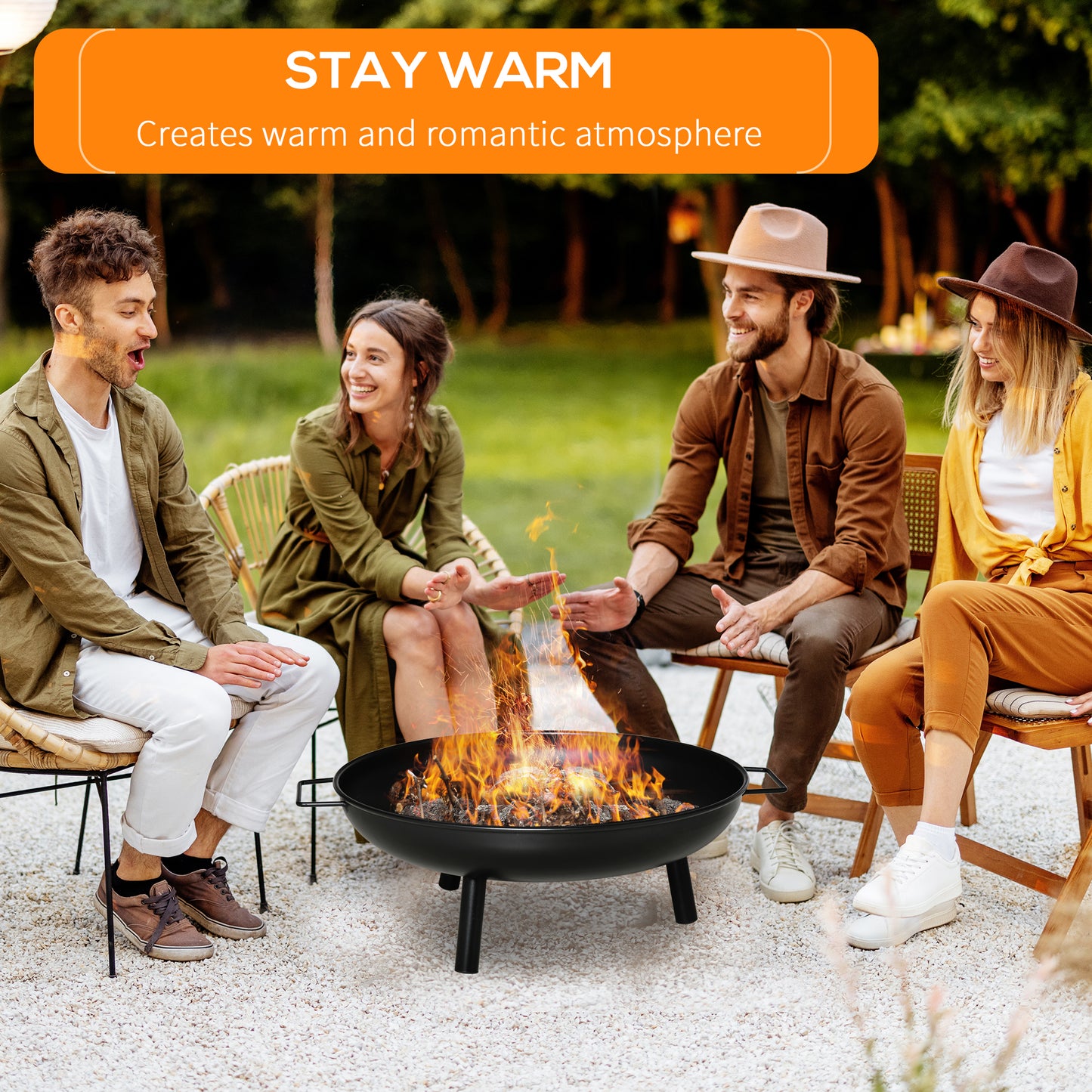 23" Round Outdoor Fire Pit, Portable Firepit Fireplace with Support Legs for Garden, Patio, Camping, Bonfire, Black