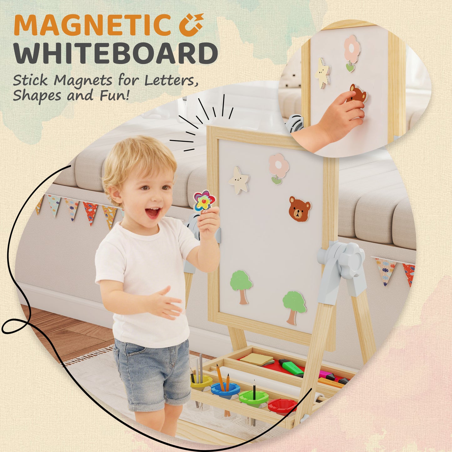 Qaba Wooden Art Easel, Double Sided Kids Easel with Height Adjustable Chalkboard and Magnetic Whiteboard, Natural