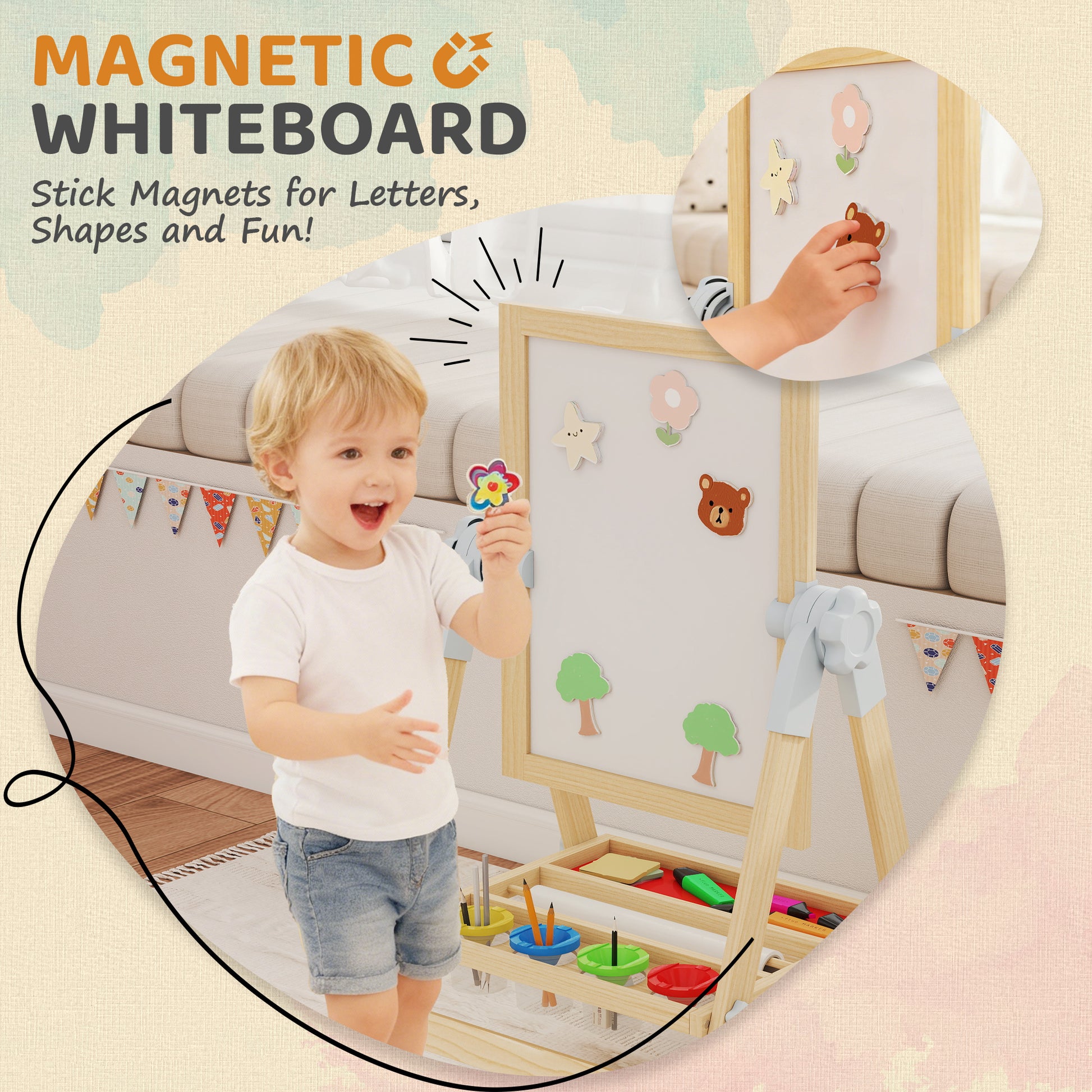 Qaba Wooden Art Easel, Double Sided Kids Easel with Height Adjustable Chalkboard and Magnetic Whiteboard, Natural