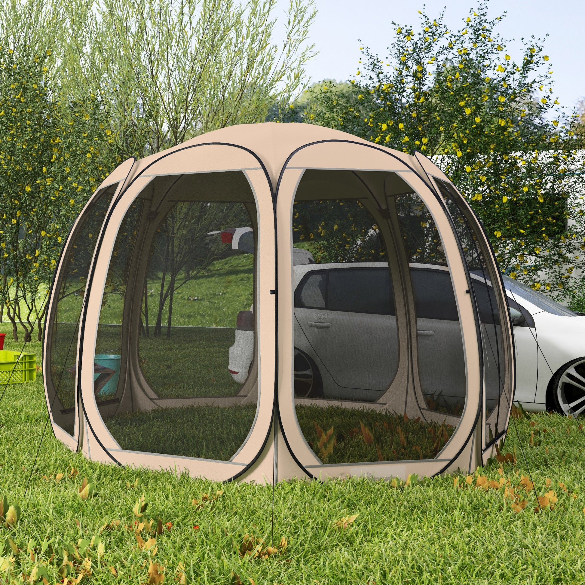 11' x 11.5' Screen Tent, Pop Up Camping Gazebo with Portable Carry Bag and 2 Doors, Beige