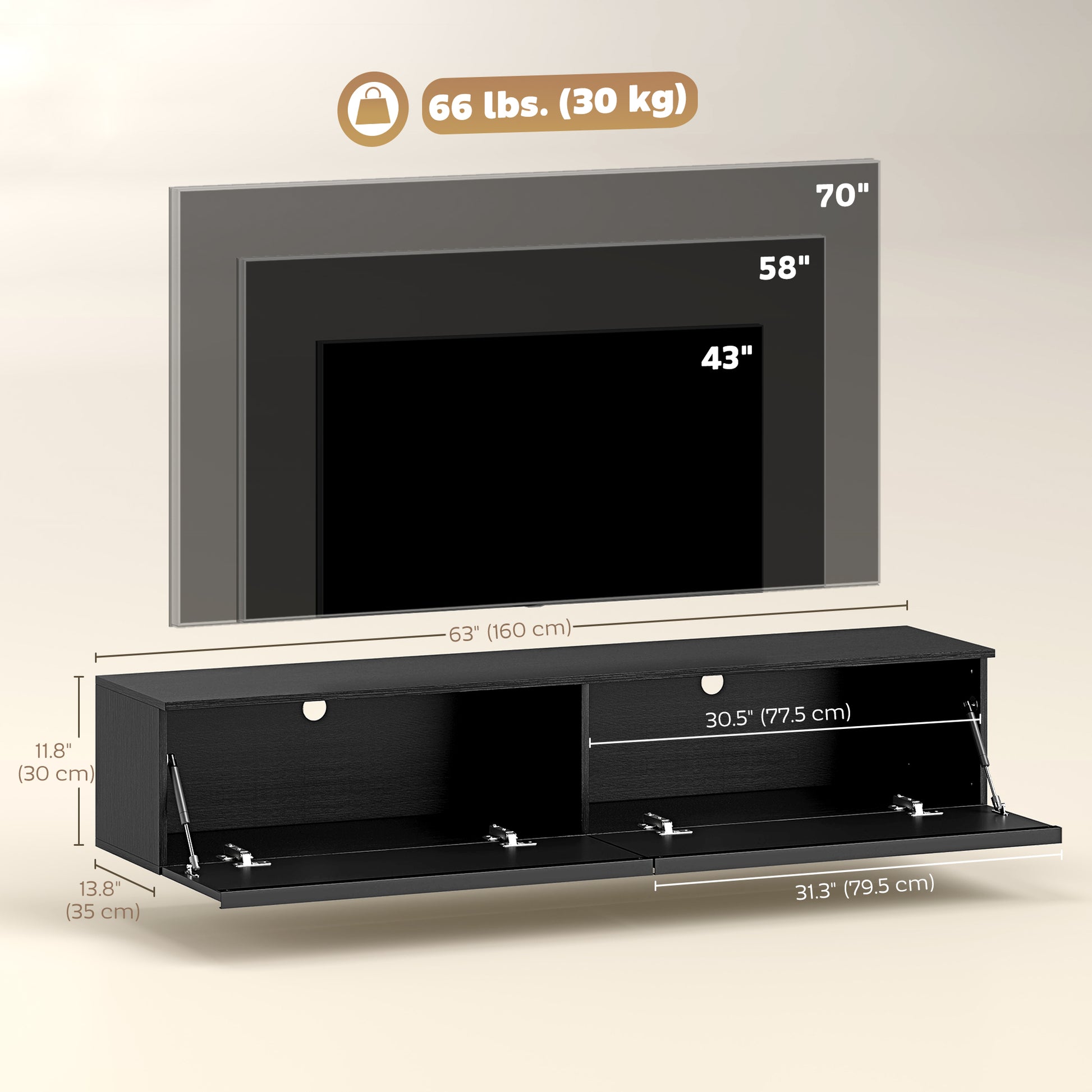 Wall Mounted TV Stand, Floating TV Cabinet with Storage, for TVs up to 70", High Gloss Effect, Black