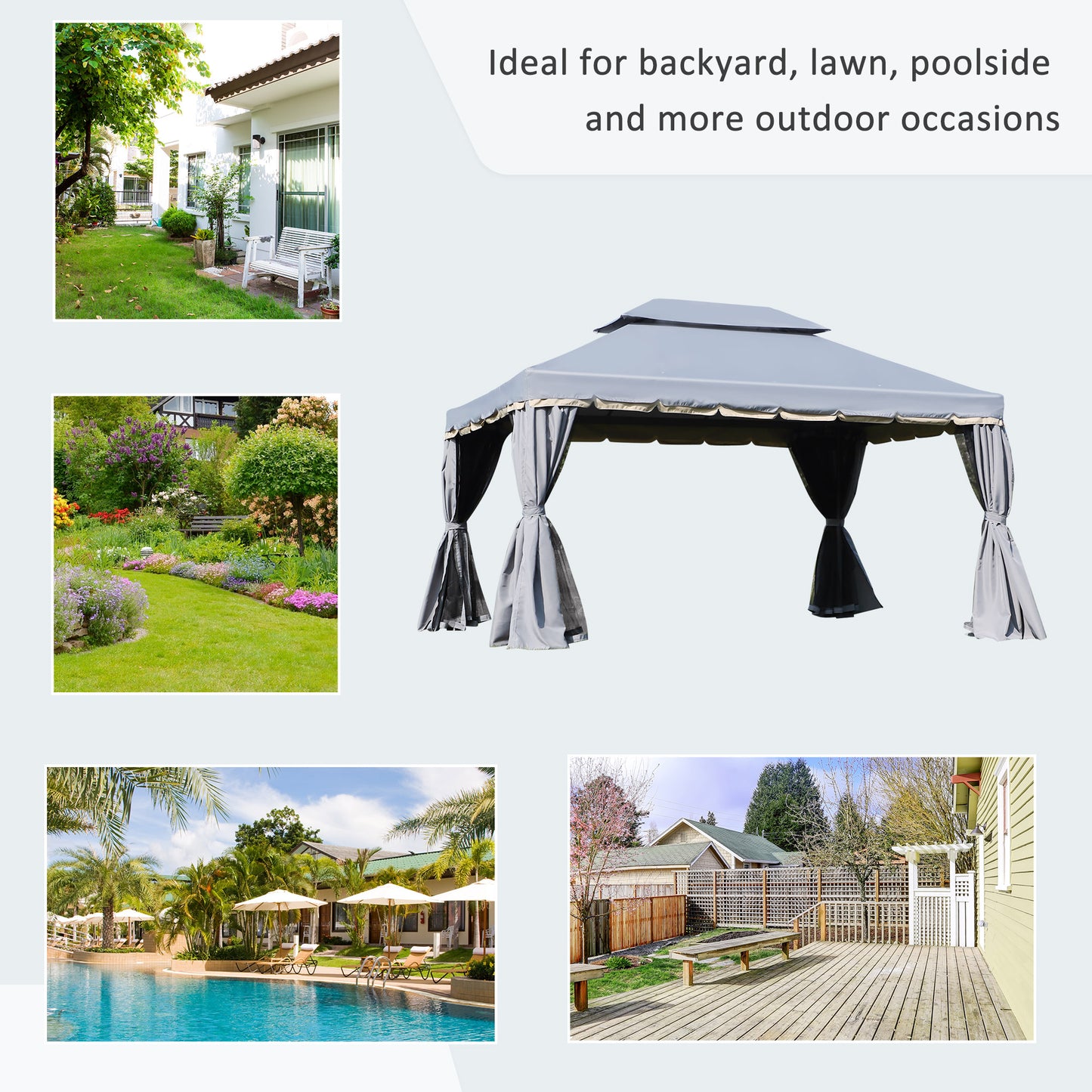 13' x 10' Patio Gazebo Canopy with 2-Tier Polyester Roof, Vented Mesh Sidewall & Strong Aluminum Frame, Grey