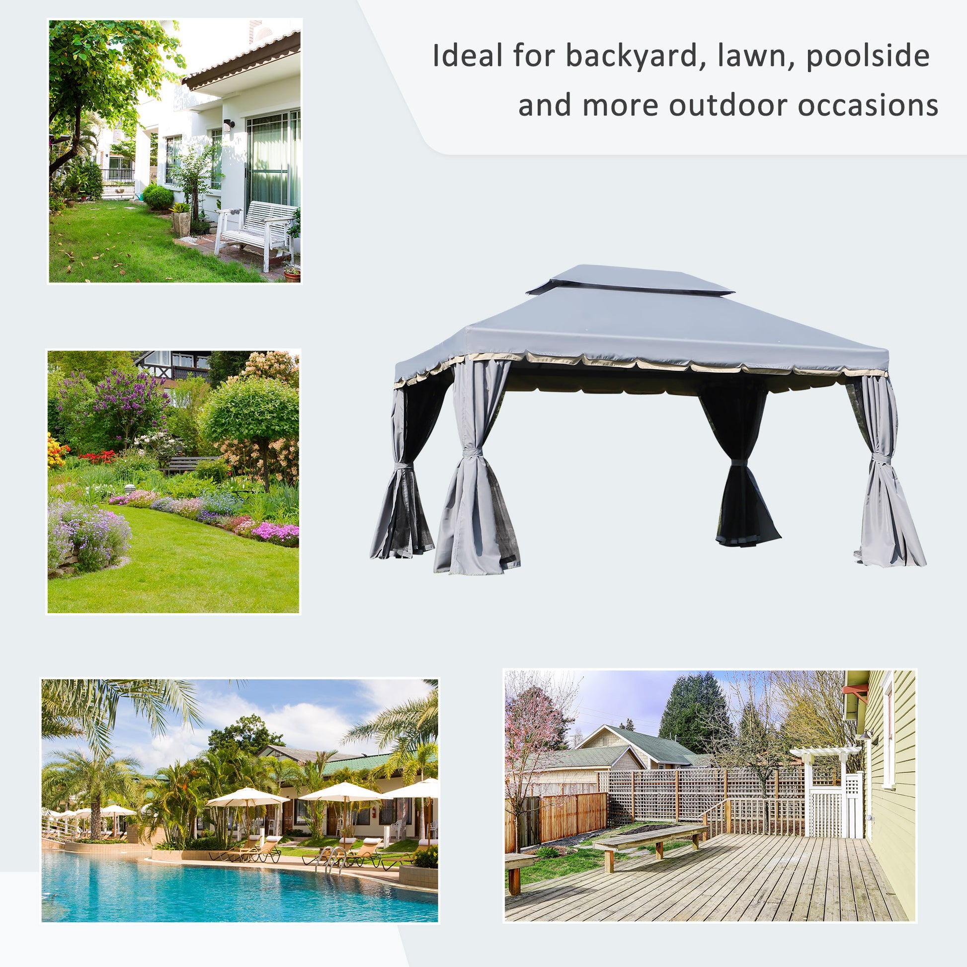 13' x 10' Patio Gazebo Canopy with 2-Tier Polyester Roof, Vented Mesh Sidewall & Strong Aluminum Frame, Grey