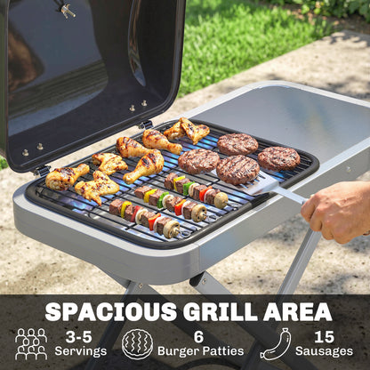 Portable Propane Gas BBQ Grill with Foldable Cart, Wheels, 9500 BTU Gas Barbecue Grill with Piezo Ignition Burner, Black