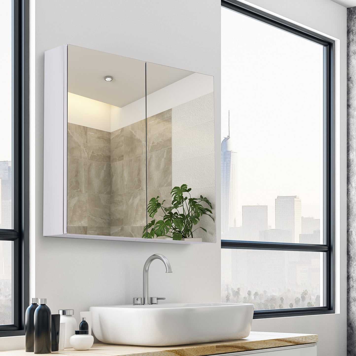 Wall Mounted Mirror Cabinet, Bathroom Medicine Cabinet with Mirror, 2 Doors and 3-tier Shelving, Silver