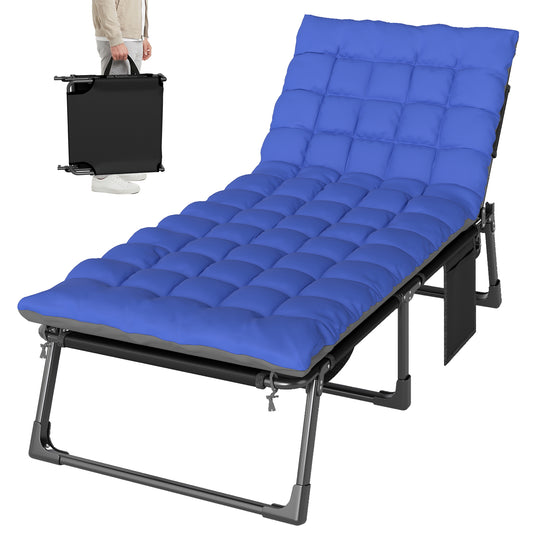 29.5" Wide Folding Chaise Lounge Chair Outdoor Tanning Chair, Camping Cot with Cushion, Side Pocket, Grey/Blue