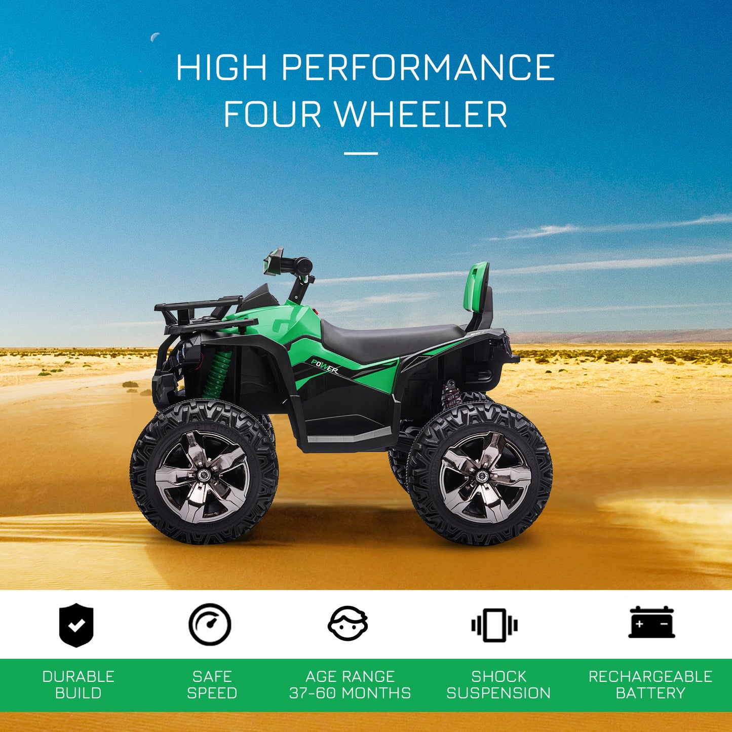 Aosom Kids Ride-on Car, 12V/10AH Four Wheeler Kids ATV, Battery Powered Off-Road Quad with MP3, Headlights, Suspension, 1.8-5 mph, Green