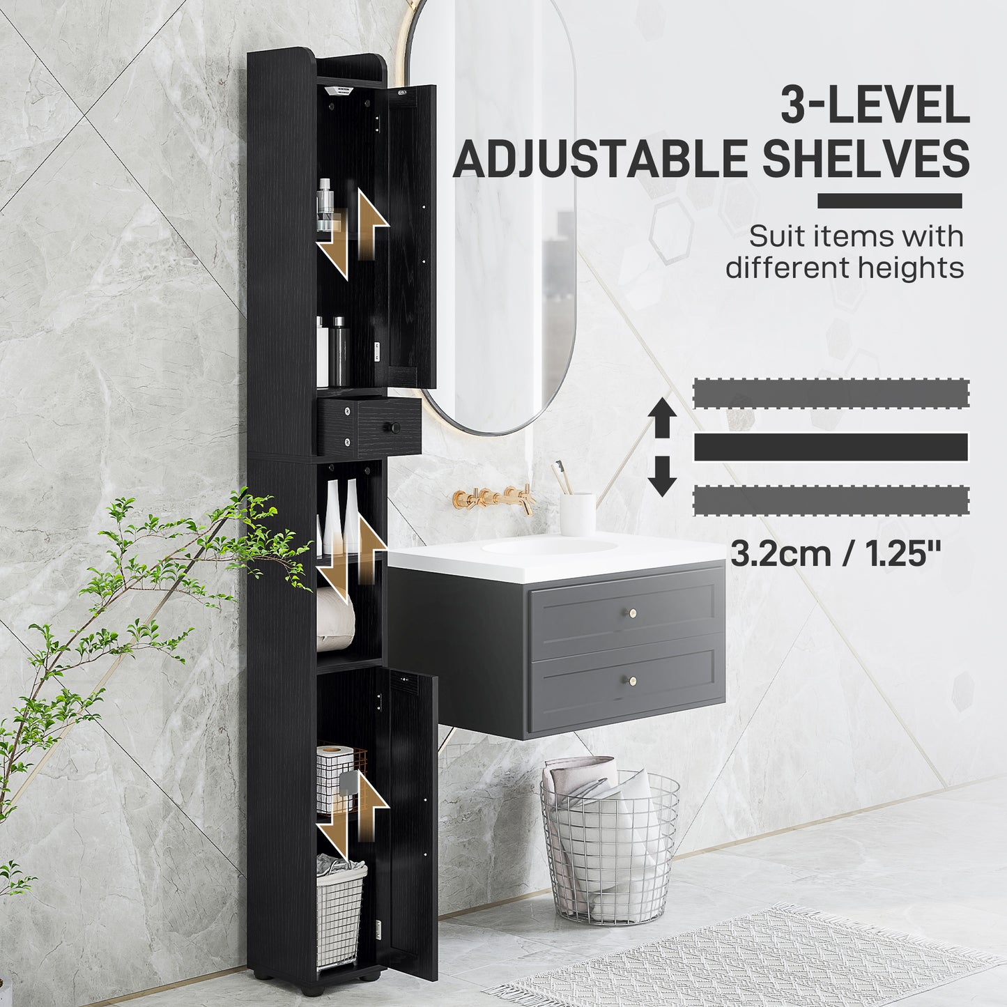 Narrow Bathroom Cabinet, Tall Bathroom Storage Cabinet with Barn Doors, Drawer and Adjustable Shelves, Black Wood Grain